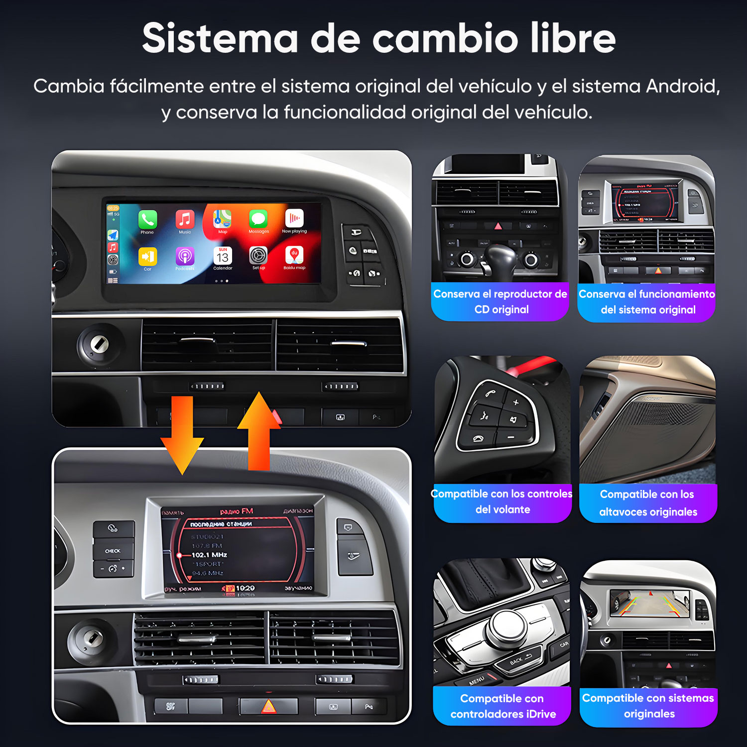 Sistema de infoentretenimiento del coche que muestra iconos de aplicaciones. Incluye radio, navegación y compatibilidad con funciones originales.