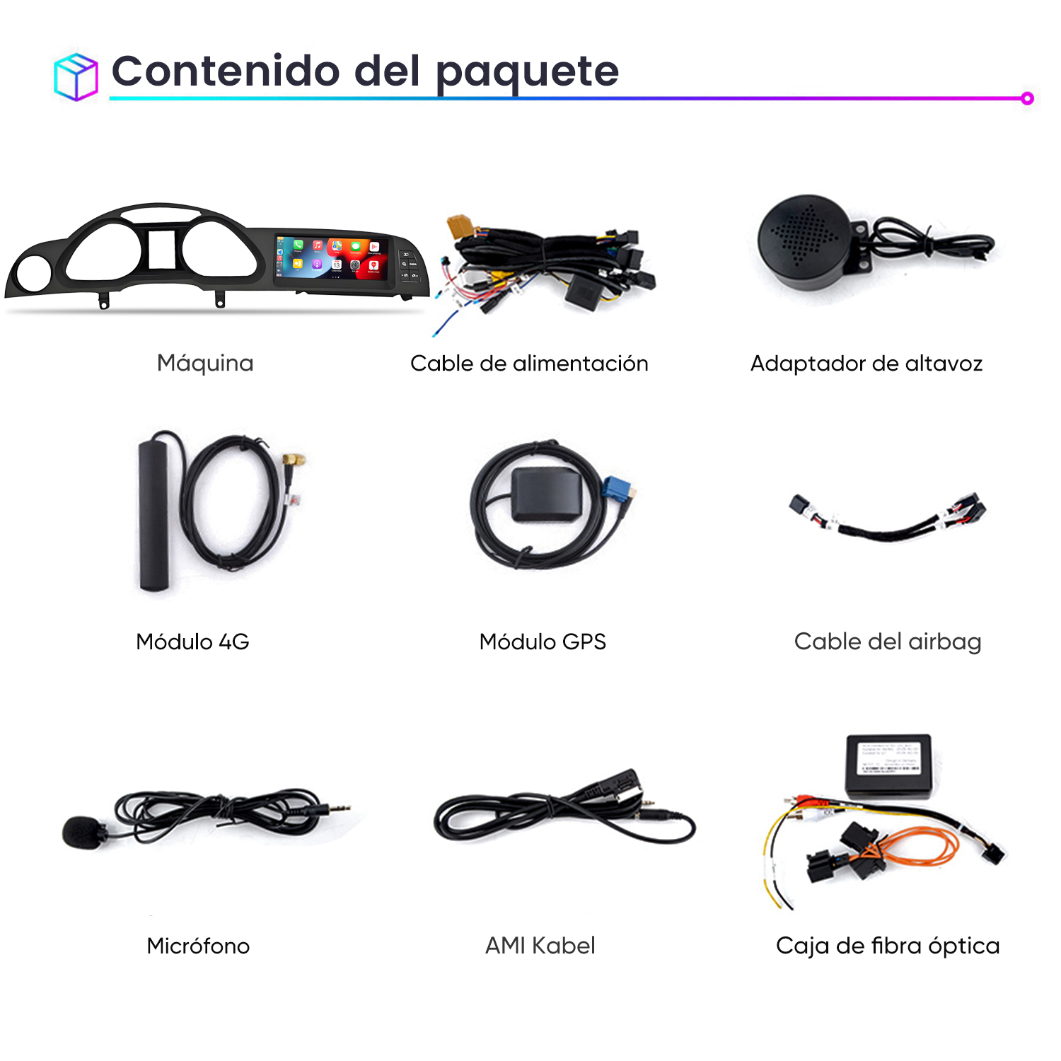 La imagen muestra componentes de audio para automóvil: un tablero, cables, altavoz, módulo GPS, módulo 4G, micrófono, cable AMI y una caja de fibra óptica.