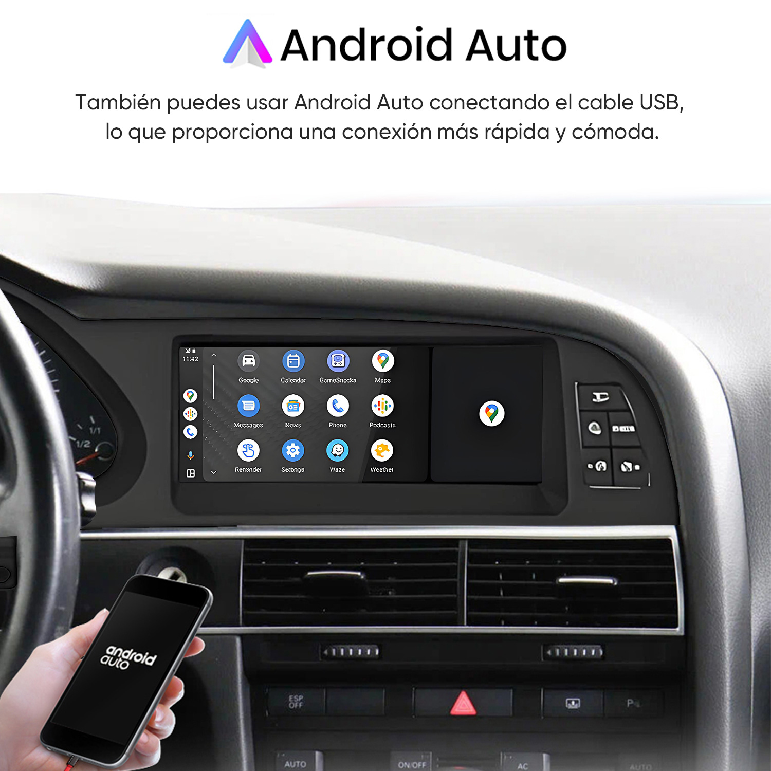 Interior de coche con smartphone mostrando 'android auto'. Una pantalla muestra iconos de aplicaciones. Texto superior dice Android Auto con texto español.