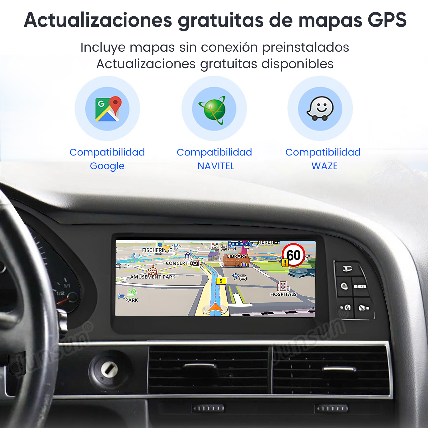 Panel de coche con mapa GPS e iconos de navegación. Arriba iconos de compatibilidad con Google, Navitel y Waze.