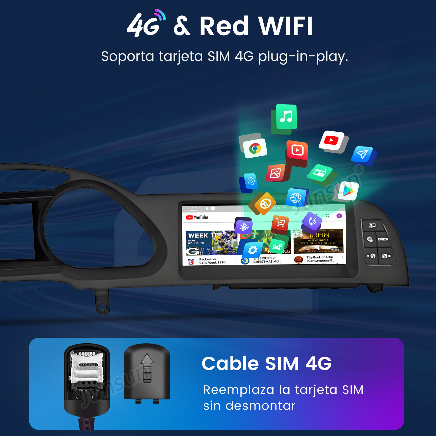 Un salpicadero de coche con una pantalla que muestra YouTube e iconos de aplicaciones. También se muestra una tarjeta SIM y un cable.