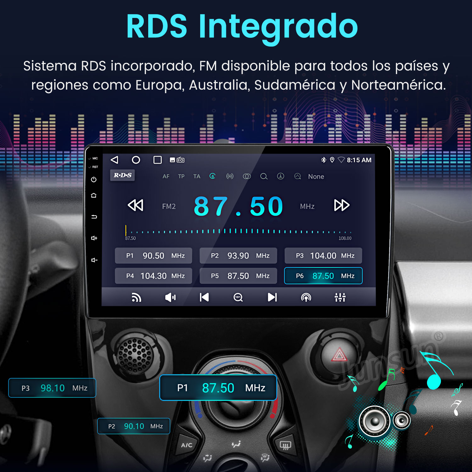 Pantalla de radio de coche mostrando la frecuencia FM 87,50 MHz. Se ven botones para presintonías y ajustes. El salpicadero está en primer plano.
