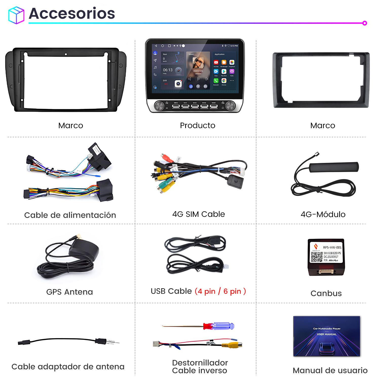 Imagen muestra accesorios multimedia para automóviles: marcos, un reproductor, cables, antenas, un Canbus, un destornillador y un manual de usuario.