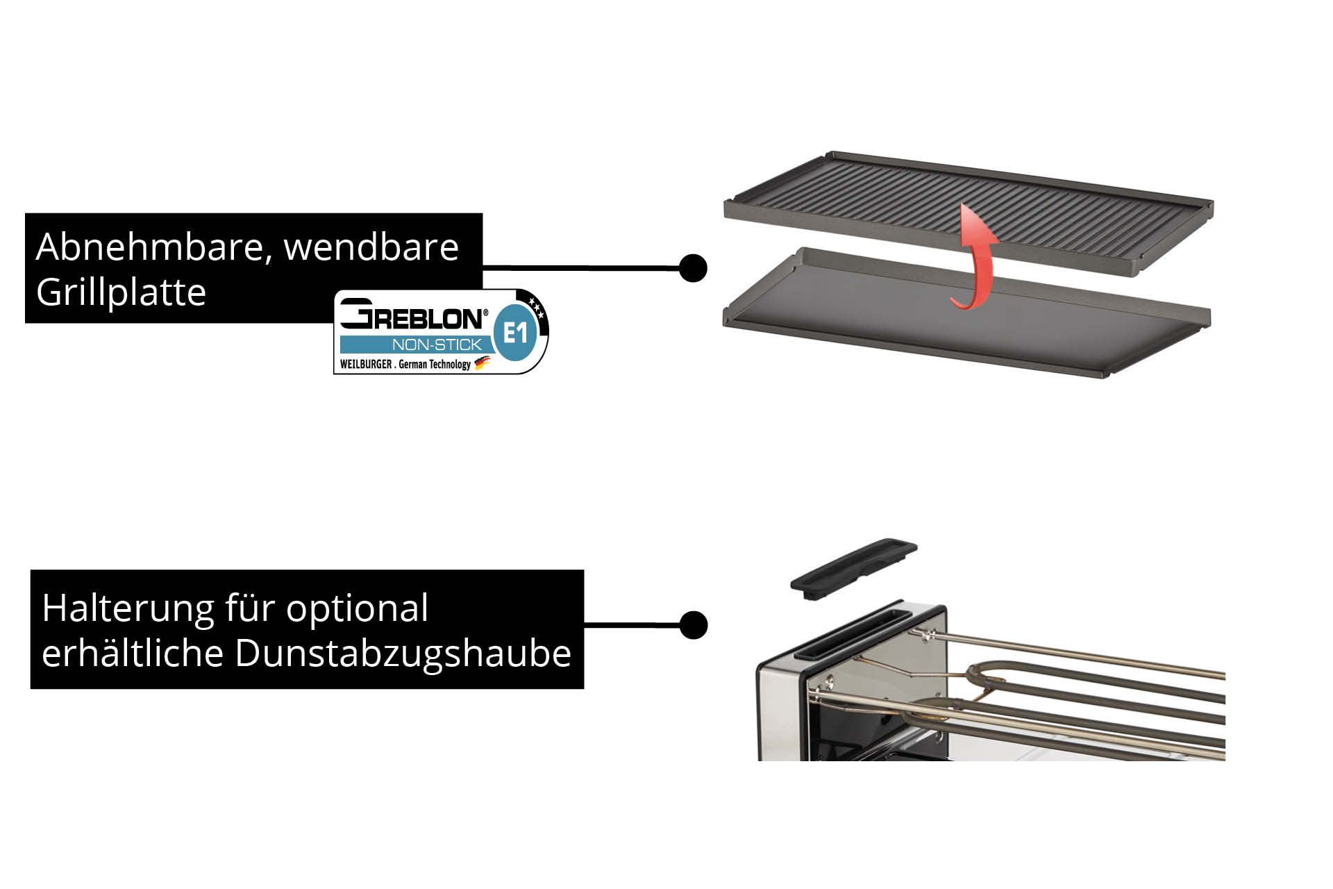 Das Bild zeigt Grillkomponenten, einschließlich einer Wendegrillplatte und eines Bereichs für eine optionale Dunstabzugshaube, mit deutschen Beschriftungen.