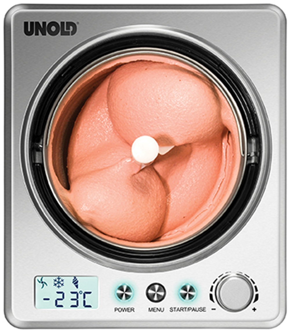 Eine Eismaschine mit rosa Eiscreme. Es zeigt -23°C an. Es gibt Ein-/Aus-, Menü-, Start/Pause-Tasten und einen Drehregler.