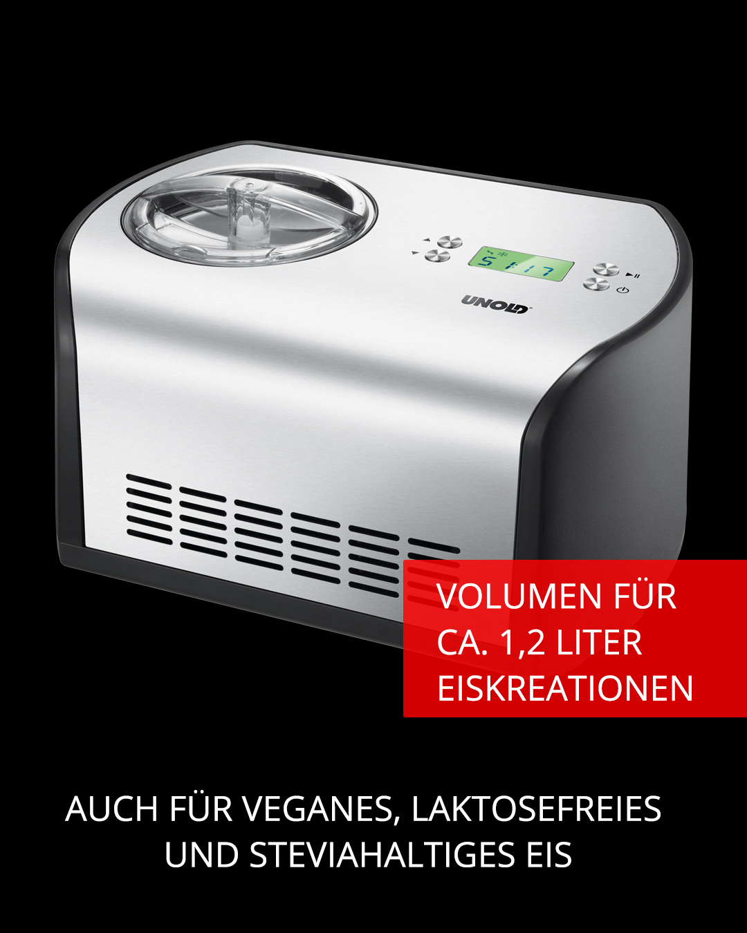 Silberne Eismaschine. Hat einen durchsichtigen Deckel, Digitalanzeige und Lüftungsschlitze. Text besagt, dass sie für 1,2 Liter Eis ist.