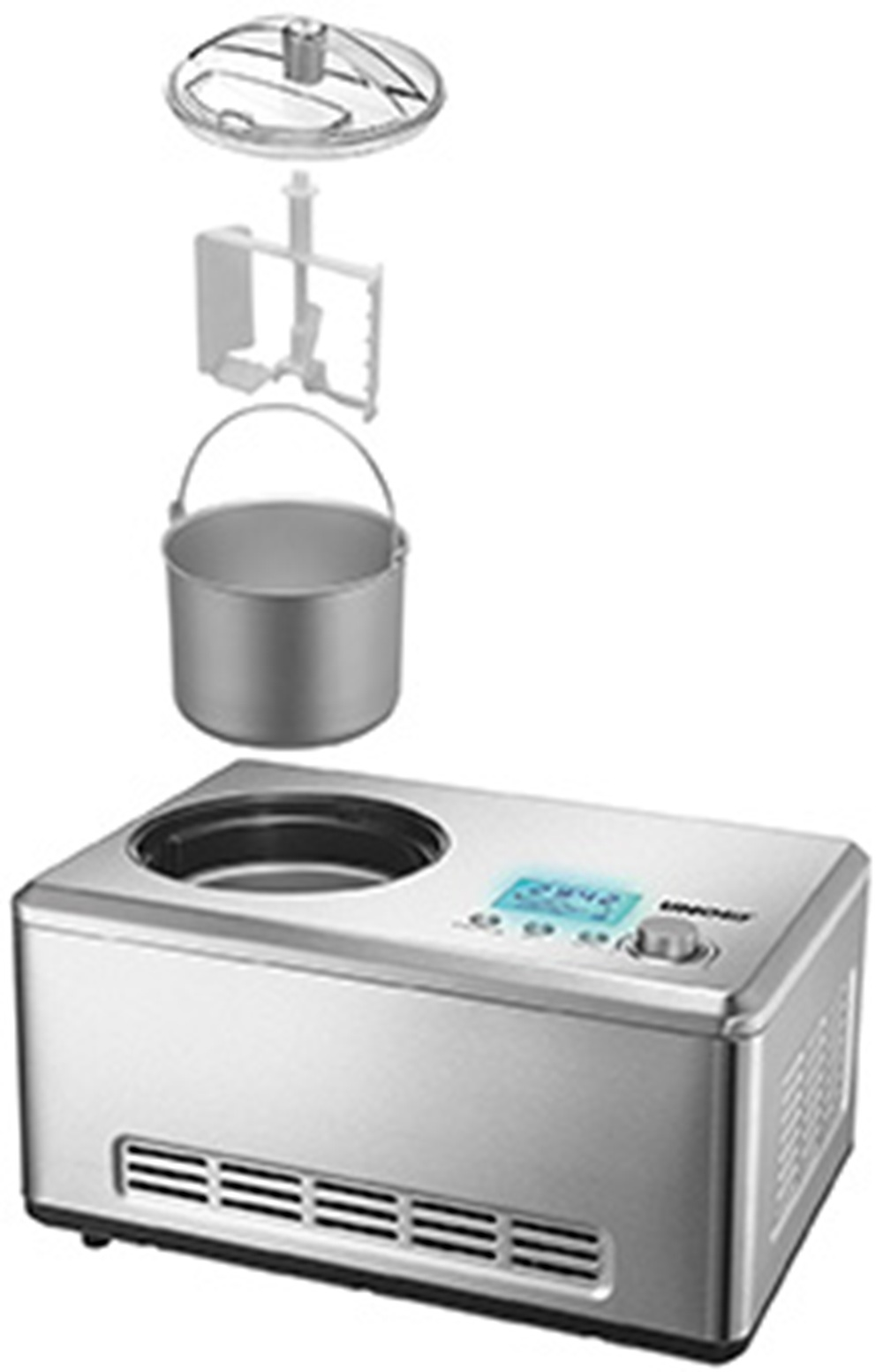 Eine Eismaschine mit abgenommenen Teilen: Deckel, Paddel, Eimer und die Hauptmaschine mit Digitalanzeige und Knopf, alles silber.