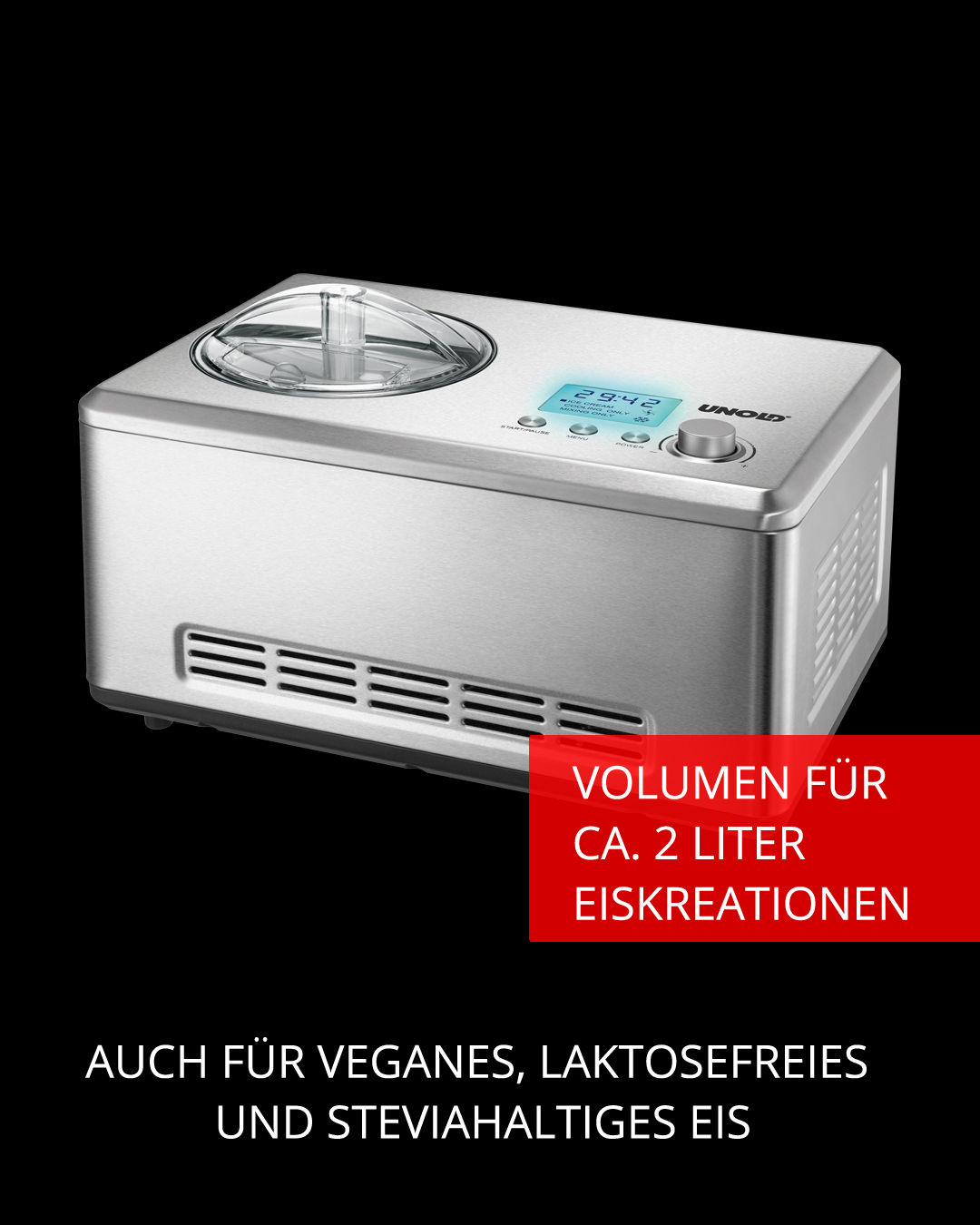 Silberne Eismaschine mit transparentem Deckel und Digitalanzeige. Text auf roter Box: Volumen für 2 Liter Eiskreationen.