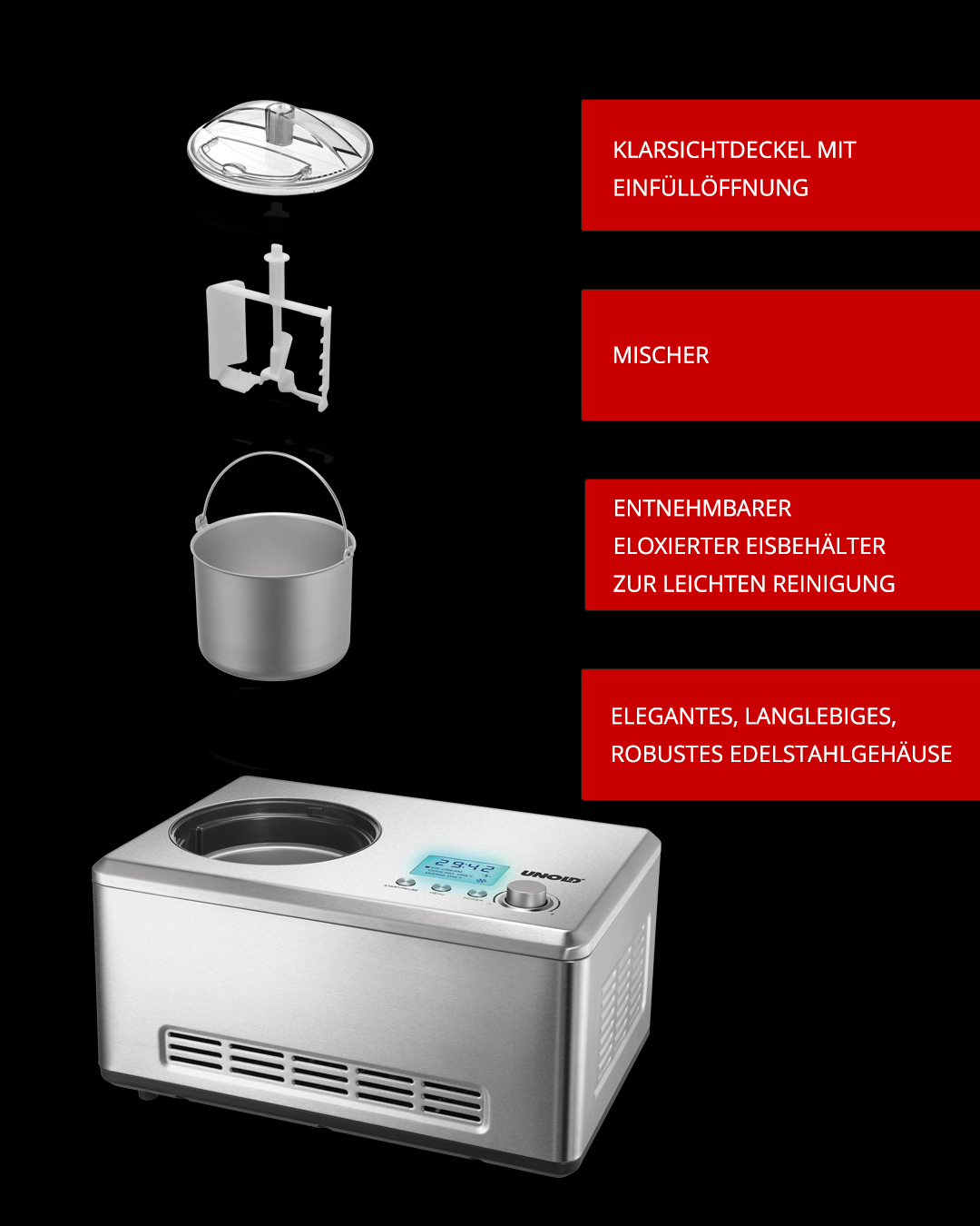 Eine Eismaschine mit Teilen: Deckel, Mixer, herausnehmbarer Behälter und Edelstahlgehäuse. Digitalanzeige zeigt Zeit.
