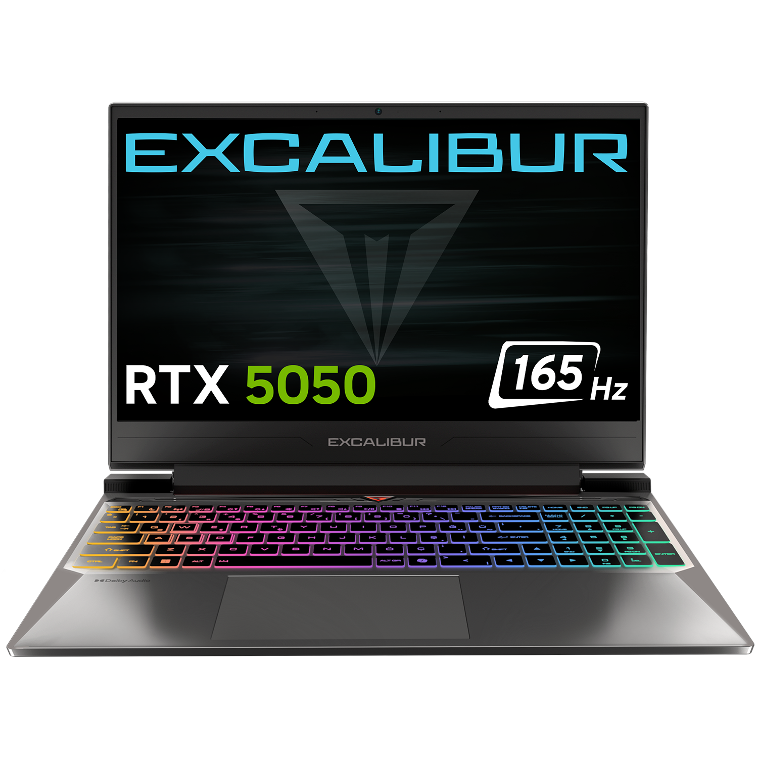 Renkli arkadan aydınlatmalı klavyeye sahip bir dizüstü bilgisayar. Ekranda 'EXCALIBUR RTX 5050 165 Hz' yazıyor. Dizüstü bilgisayar gümüş ve siyah.