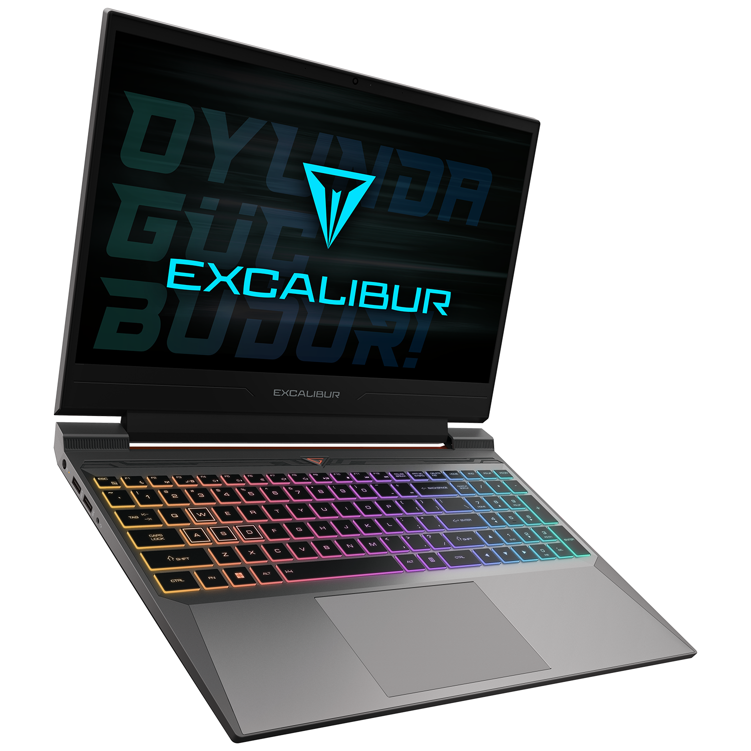 Aydınlatmalı klavyeye sahip bir dizüstü bilgisayar. Ekranda 'EXCALIBUR' ve bir logo görüntüleniyor. Dizüstü bilgisayar açılı, arka plan siyah.