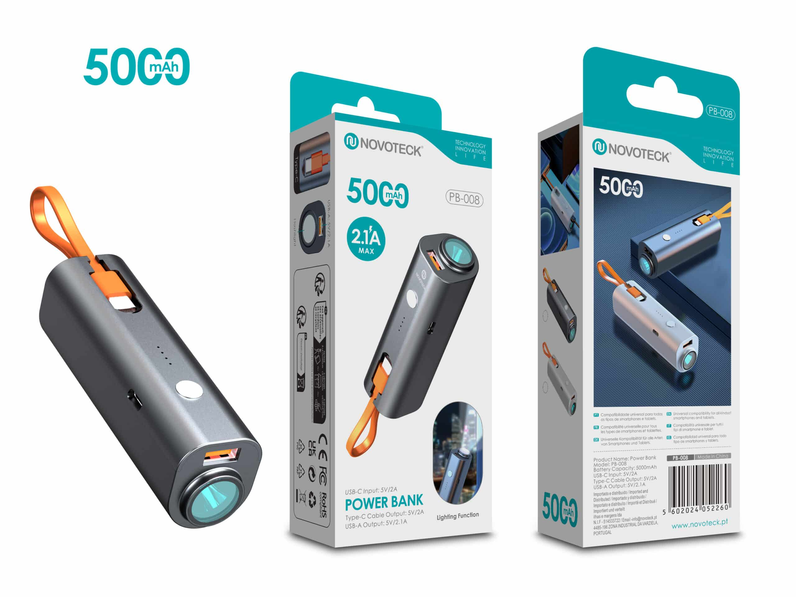 Power bank con cinturino arancione. Corpo grigio, lente verde acqua. La confezione mostra il prodotto e i dettagli.