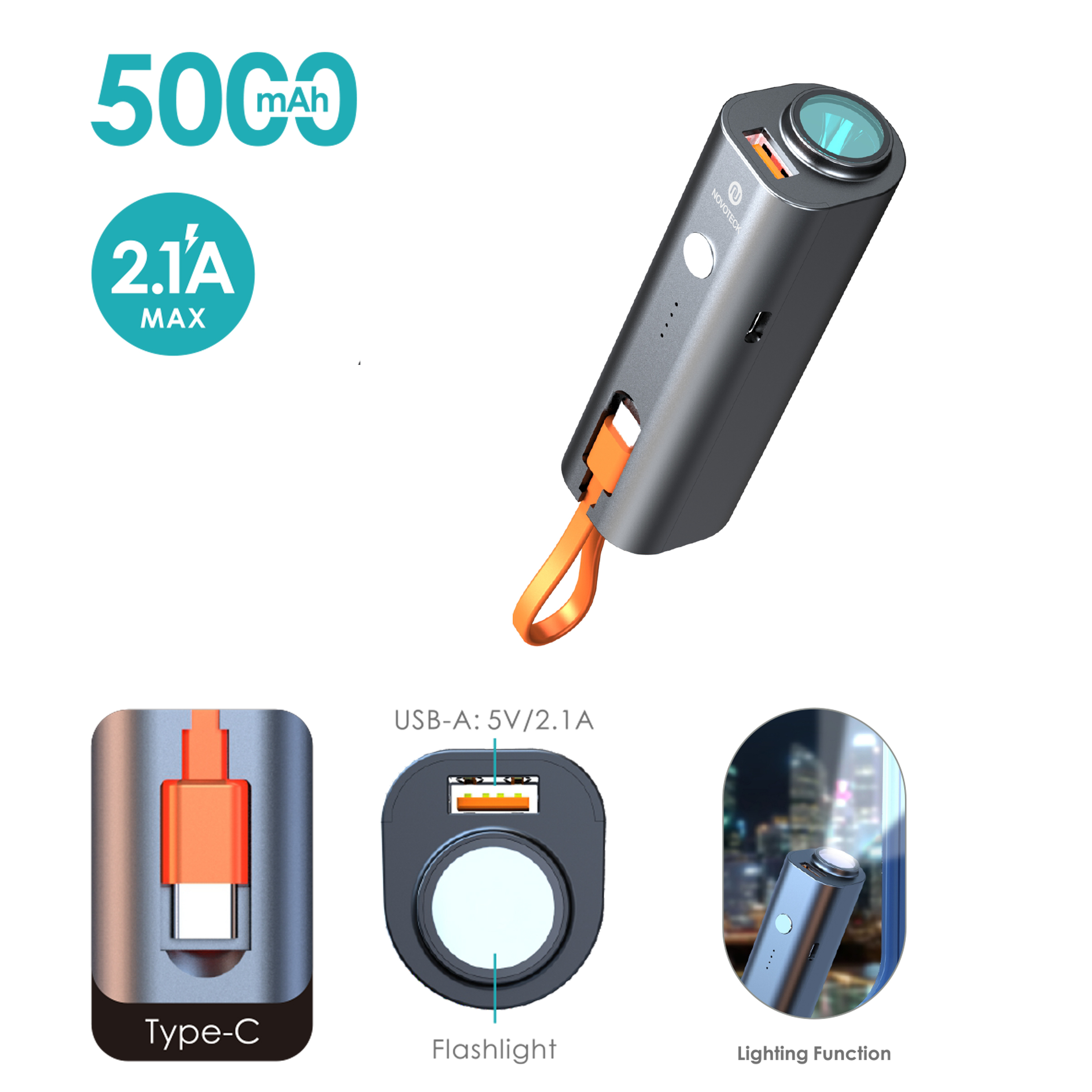 Un power bank grigio con cinturino arancione. Caratteristiche: Tipo-C, torcia e funzione di illuminazione. Capacità: 5000mAh.
