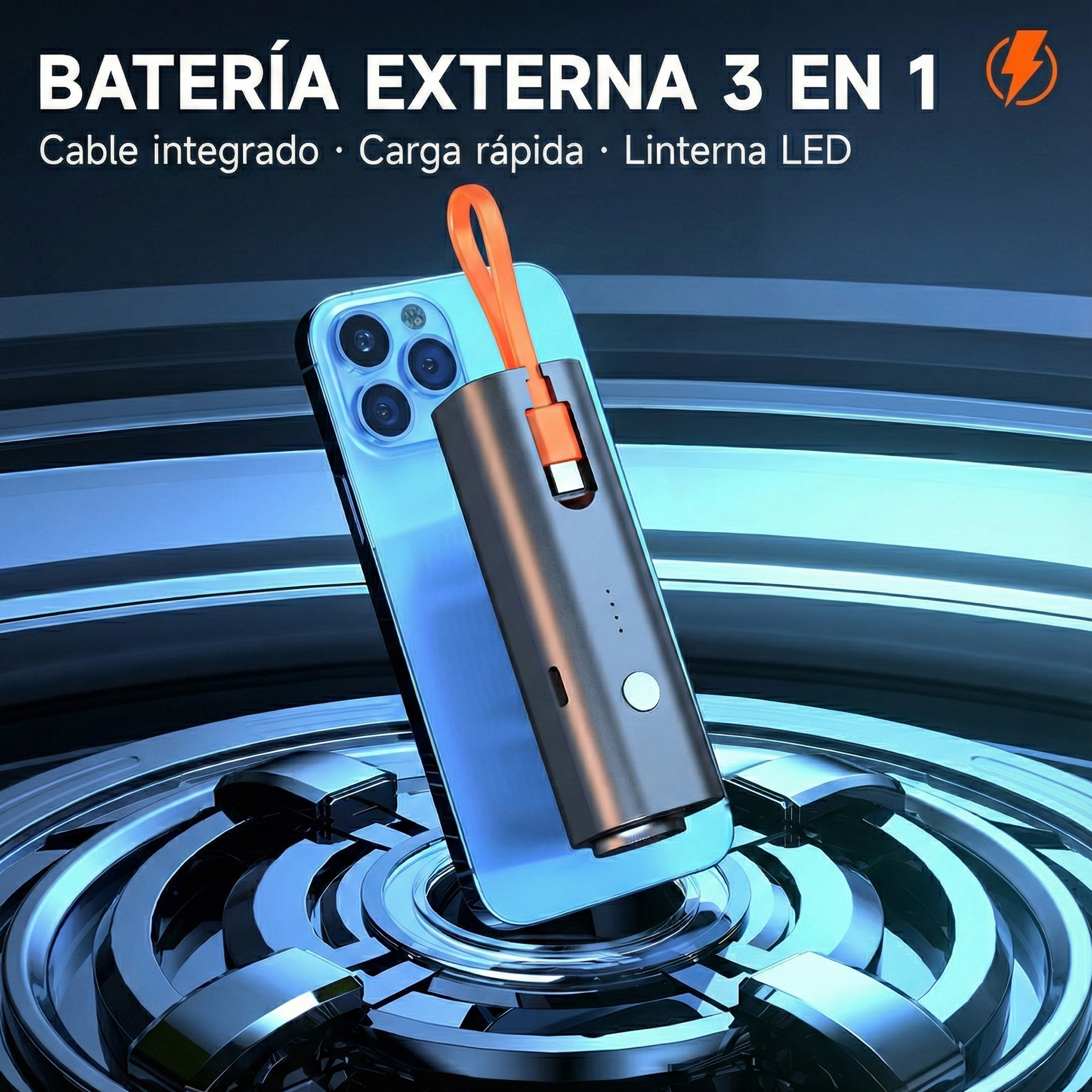 Un telefono con una batteria esterna. La batteria è argentata e ha una cinghia arancione. Il testo dice 'Batteria esterna 3 in 1'.