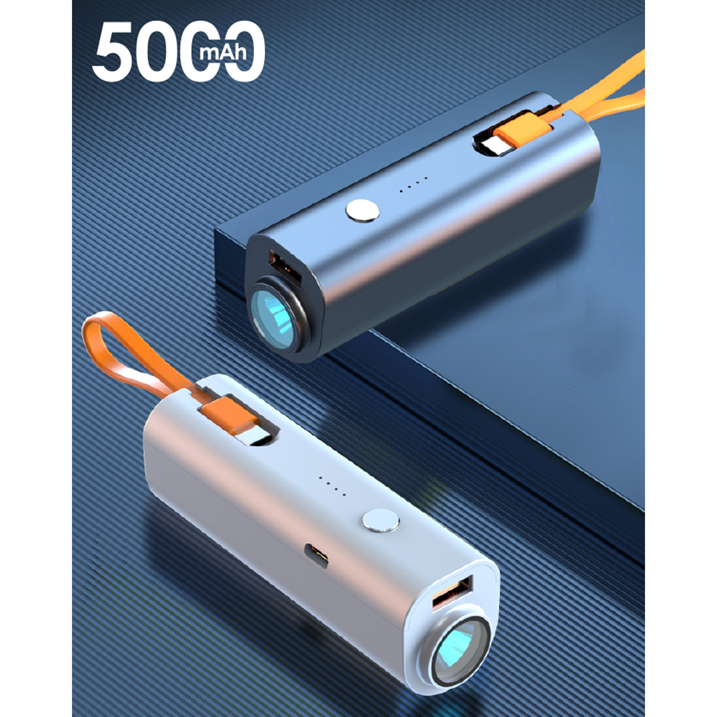 Due power bank su superficie blu. Uno argento e uno grigio scuro. Entrambi hanno cinghie arancioni e connettori USB.