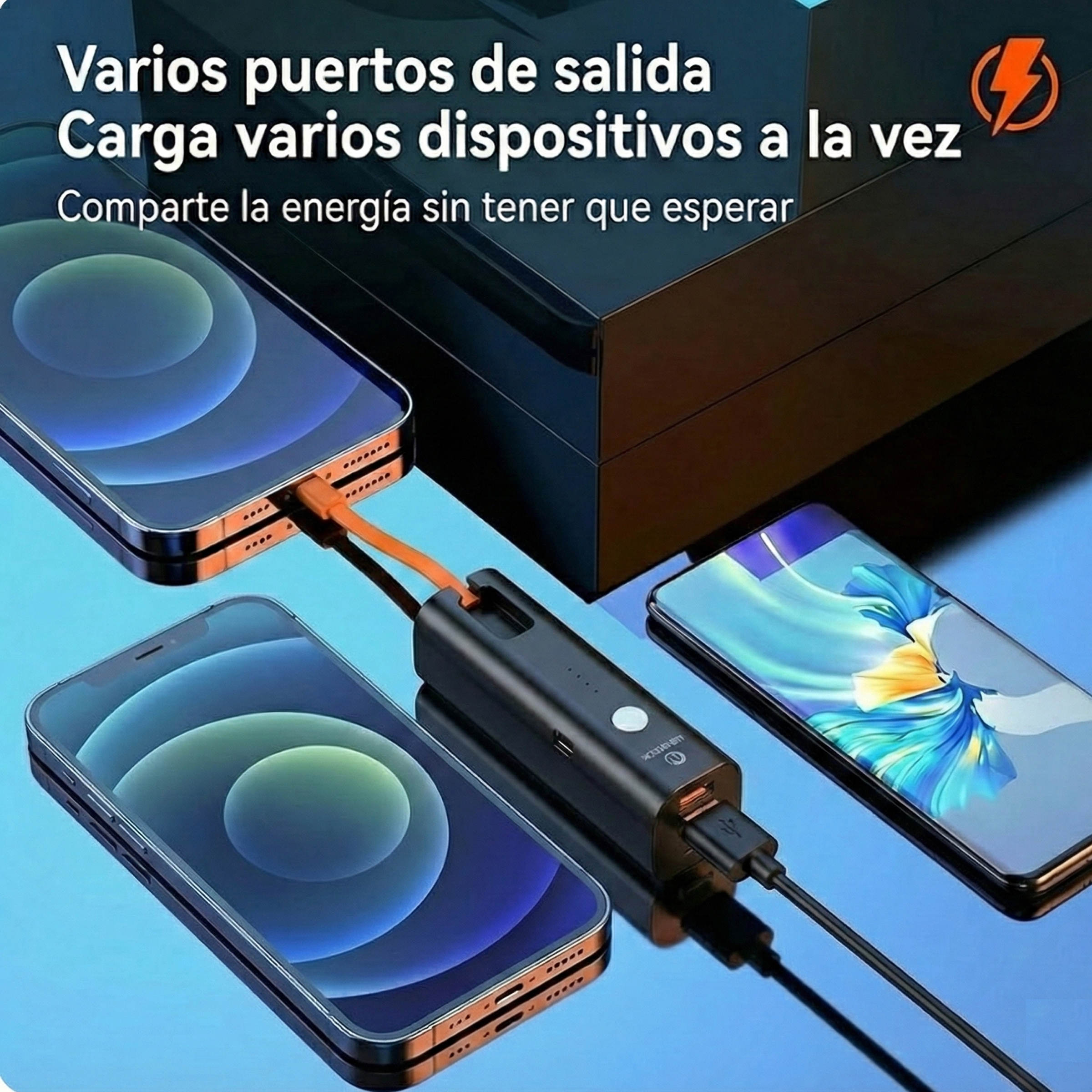 Tre smartphone in carica da un power bank nero. Il testo in spagnolo recita 'Carica più dispositivi contemporaneamente'.