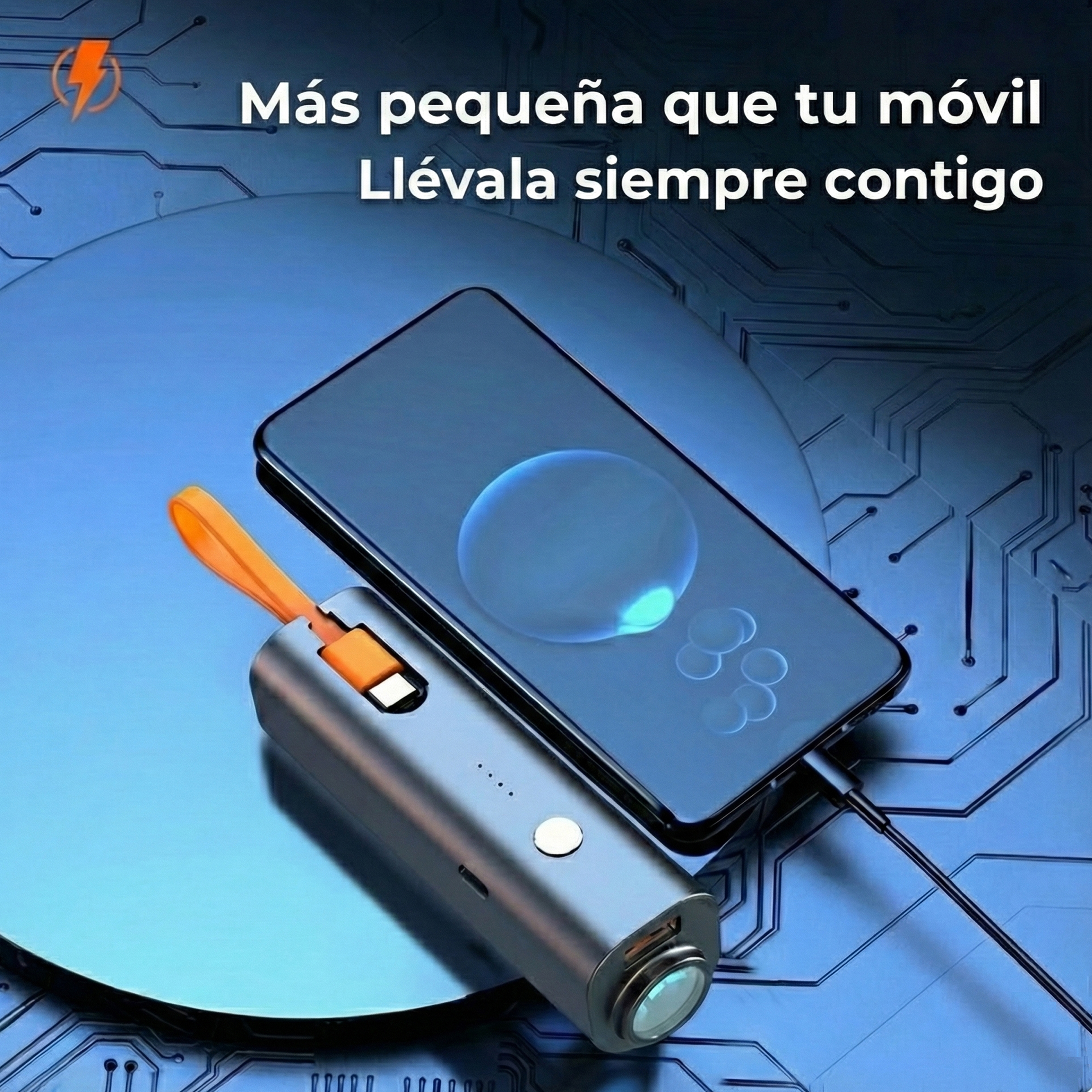 Un telefono in carica con un piccolo power bank cilindrico. Sfondo blu con testo: Più piccolo del tuo cellulare, portalo con te.