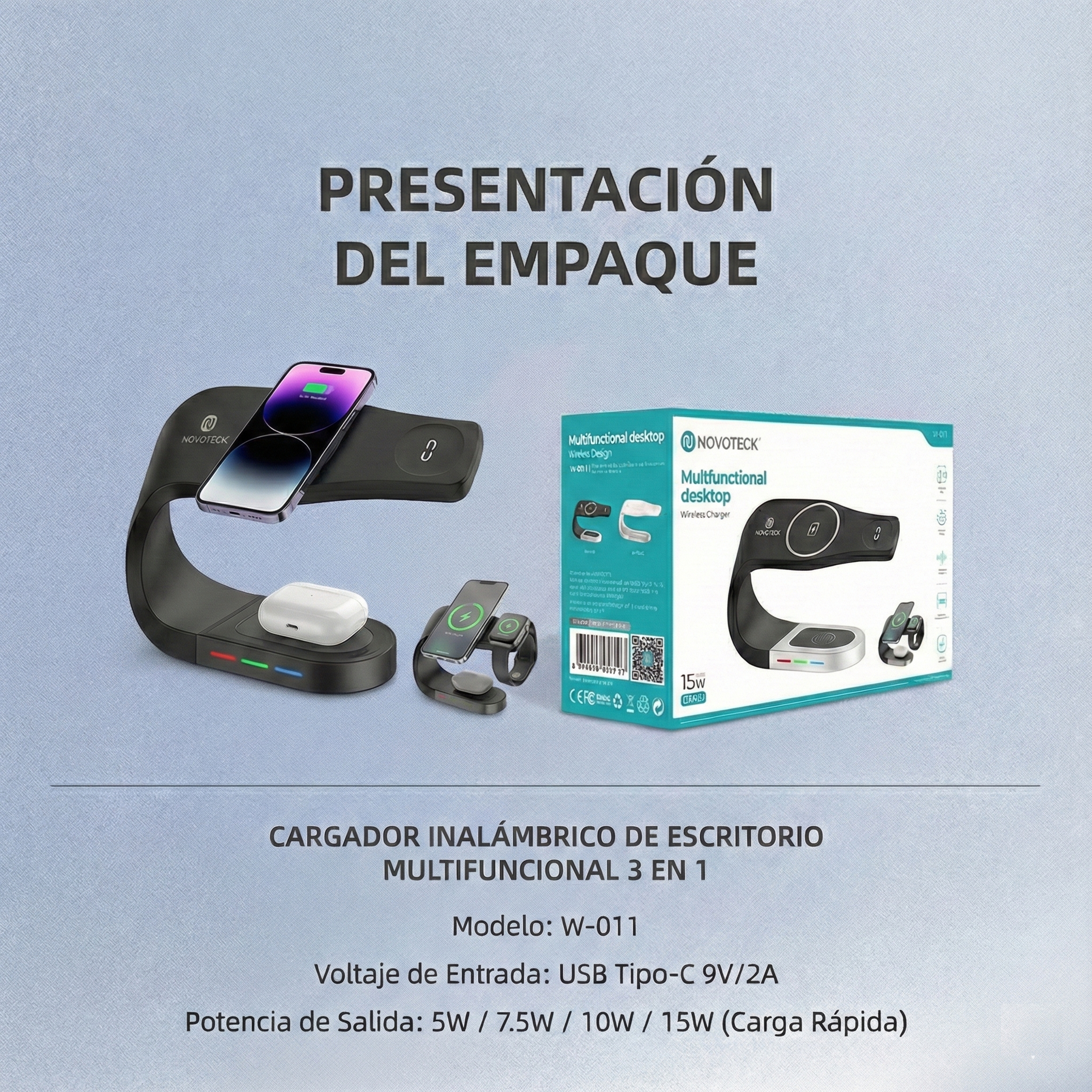 Un cargador inalámbrico negro con un teléfono, reloj y auriculares. Está sobre un fondo azul. Una caja está a la derecha.