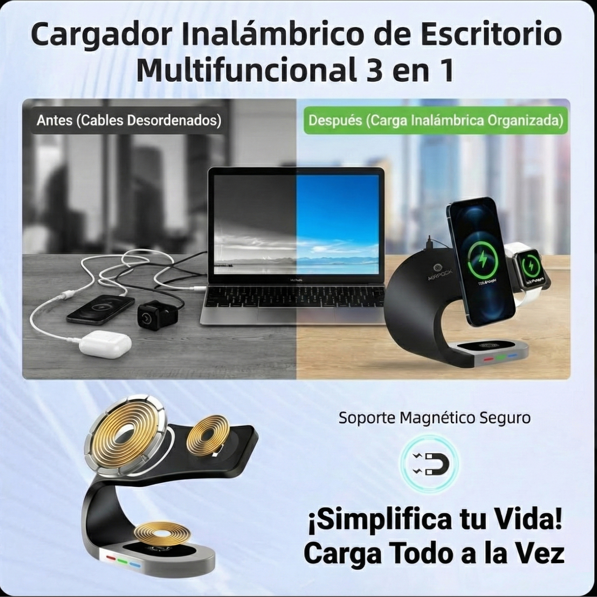 Imagen muestra un cargador de escritorio inalámbrico. Izquierda: cables desordenados. Derecha: teléfono, carga de reloj. Texto: Simplifica tu vida, carga todo a la vez.