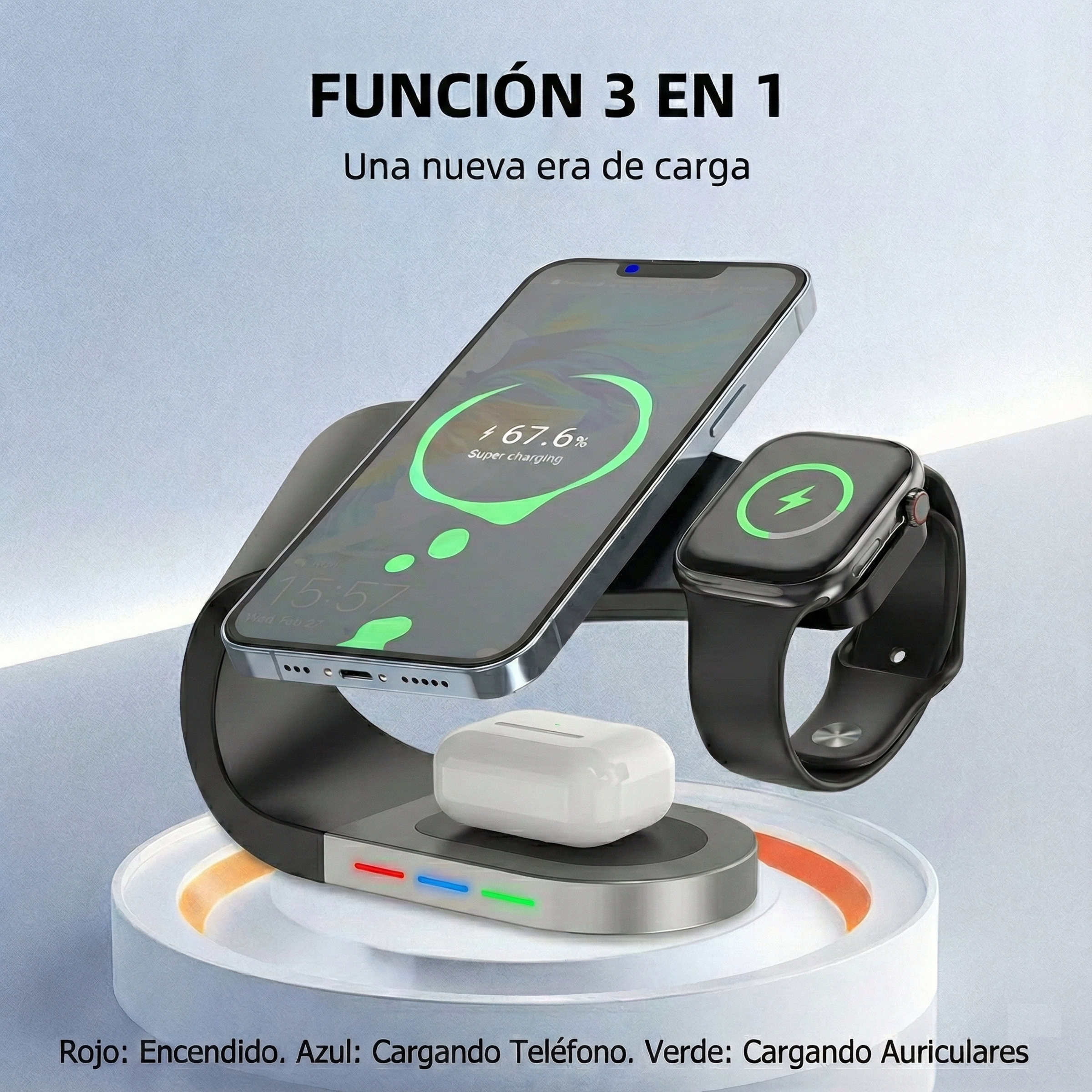 Una estación de carga 3 en 1 con teléfono, reloj y auriculares. El teléfono muestra un 67,6 % de carga. Los colores indican el estado.