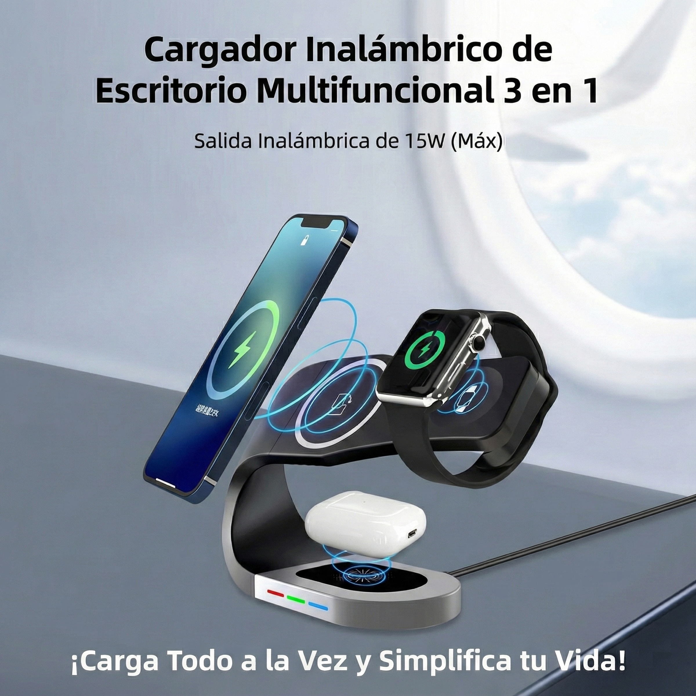 Cargador inalámbrico con teléfono, reloj y auriculares. Símbolos de carga azules, base gris con luces de colores, texto.