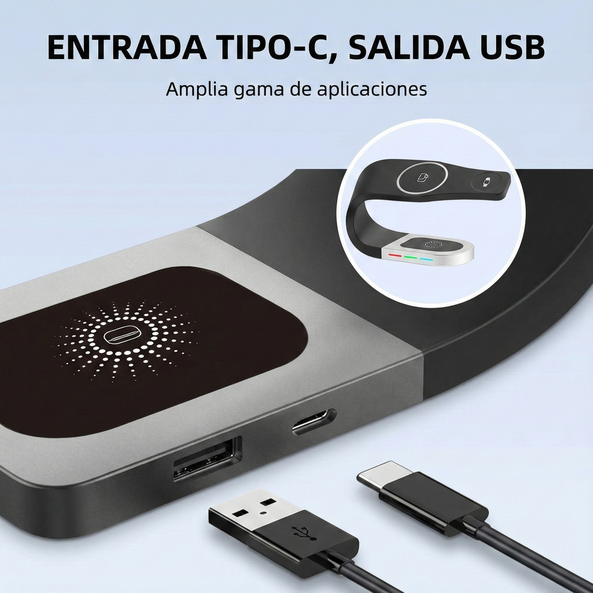 Cargador inalámbrico con salidas USB y Tipo-C, base negra y acento blanco y negro. La imagen incluye cables.