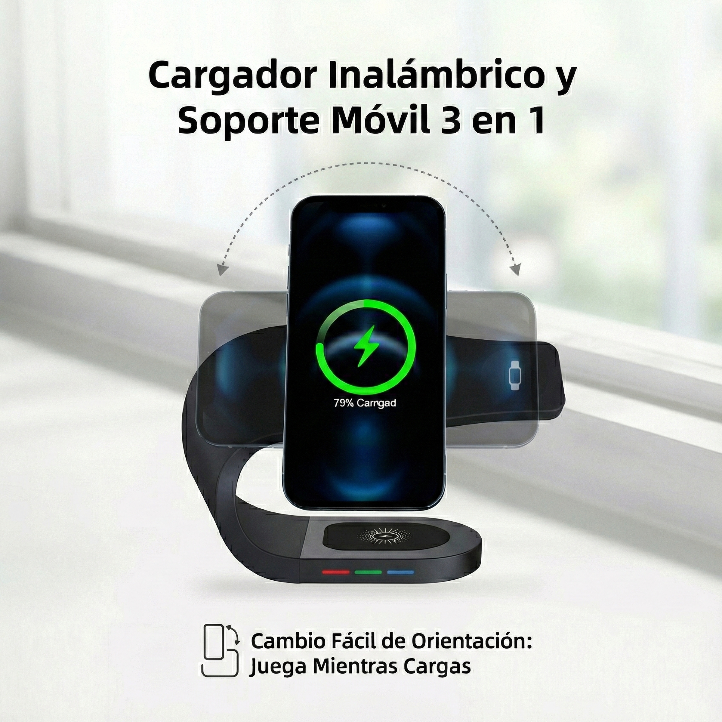 Un teléfono cargando en un cargador inalámbrico negro. El teléfono muestra 79% cargado. Texto: Cargador Inalámbrico y Soporte Móvil 3 en 1.