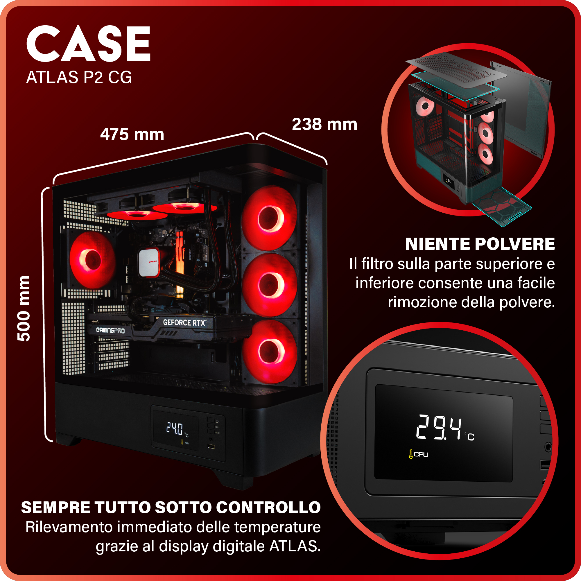Un case per computer con ventole rosse e display digitale. Le dimensioni sono indicate. Il testo dice 'CASE ATLAS P2 CG'.