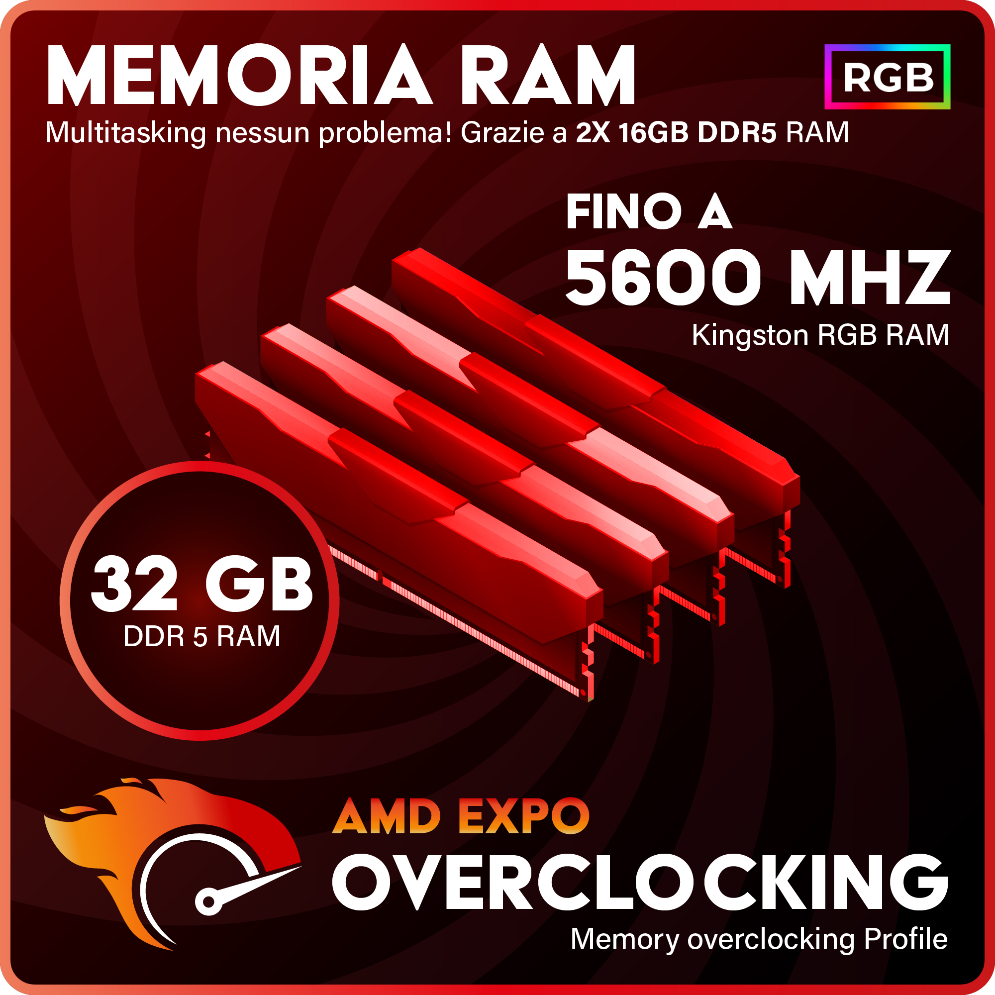 Una pubblicità per Kingston RGB RAM. Presenta stick RAM rossi e testo con specifiche tecniche e marchio.