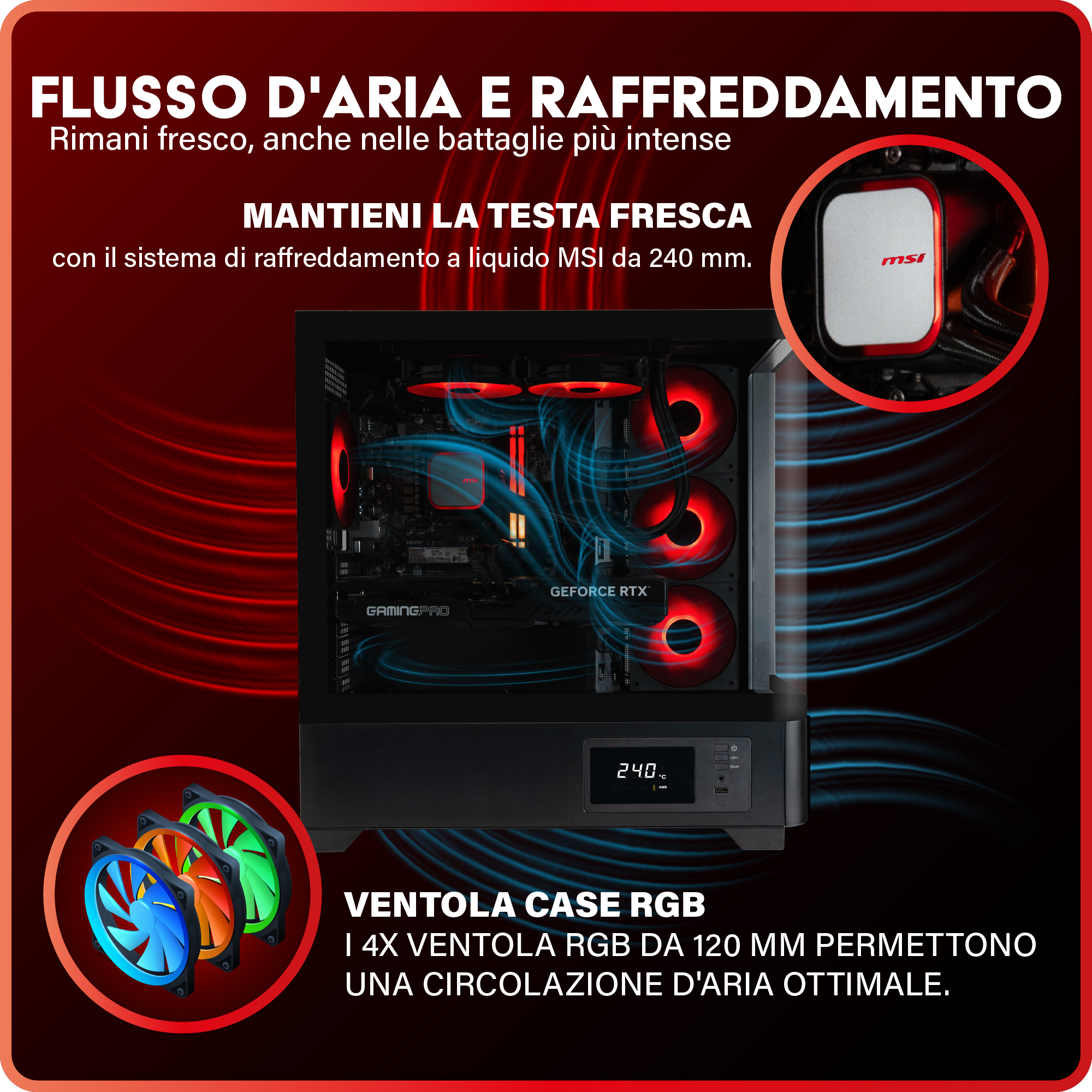 Un case per computer con ventole rosse. Il testo dice 'mantieni la testa fresca'. L'immagine presenta anche ventole RGB.