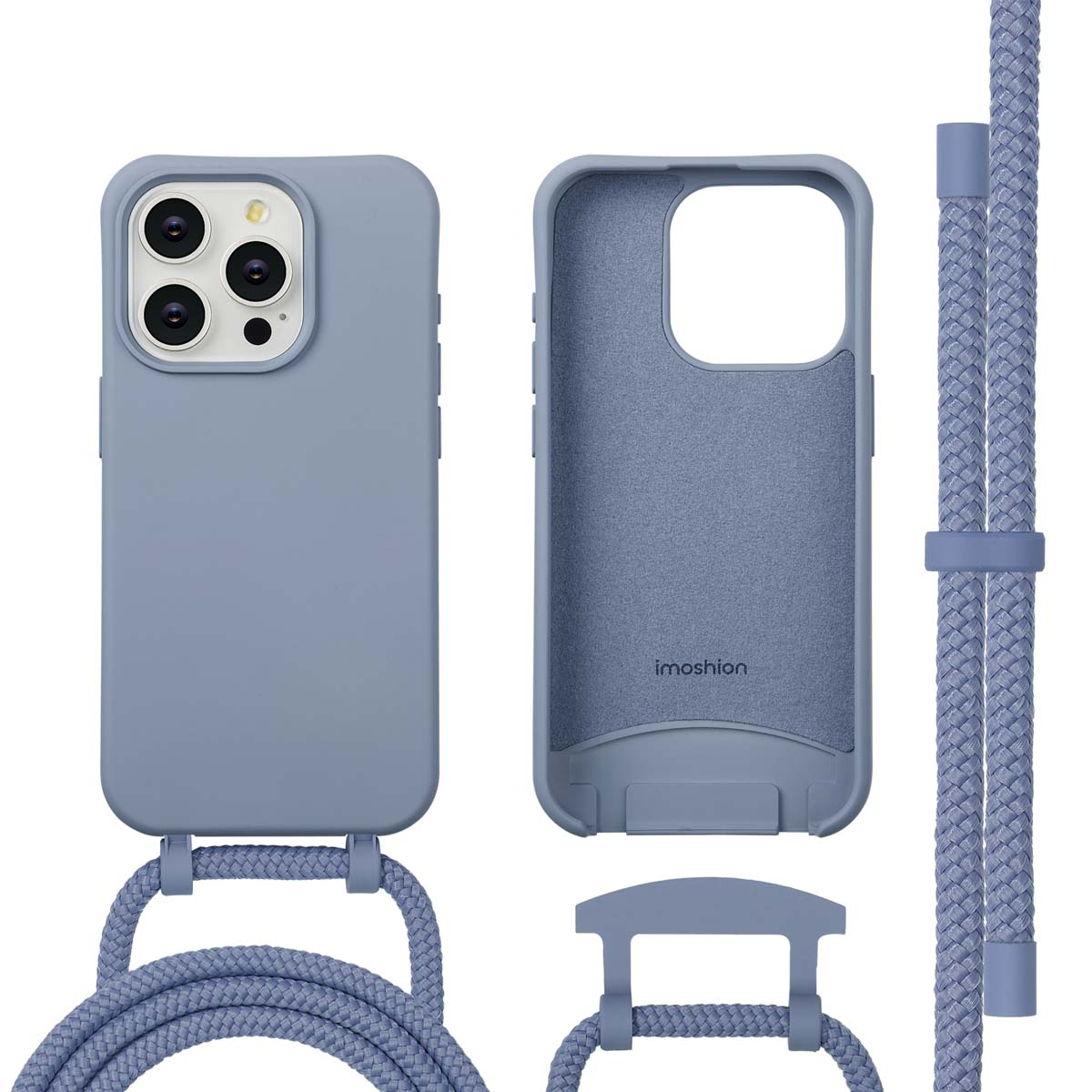 Een blauwe telefoonhoes met bijpassend koord en de afzonderlijke onderdelen worden weergegeven. De hoes staat naast het binnenste deel en het koord.