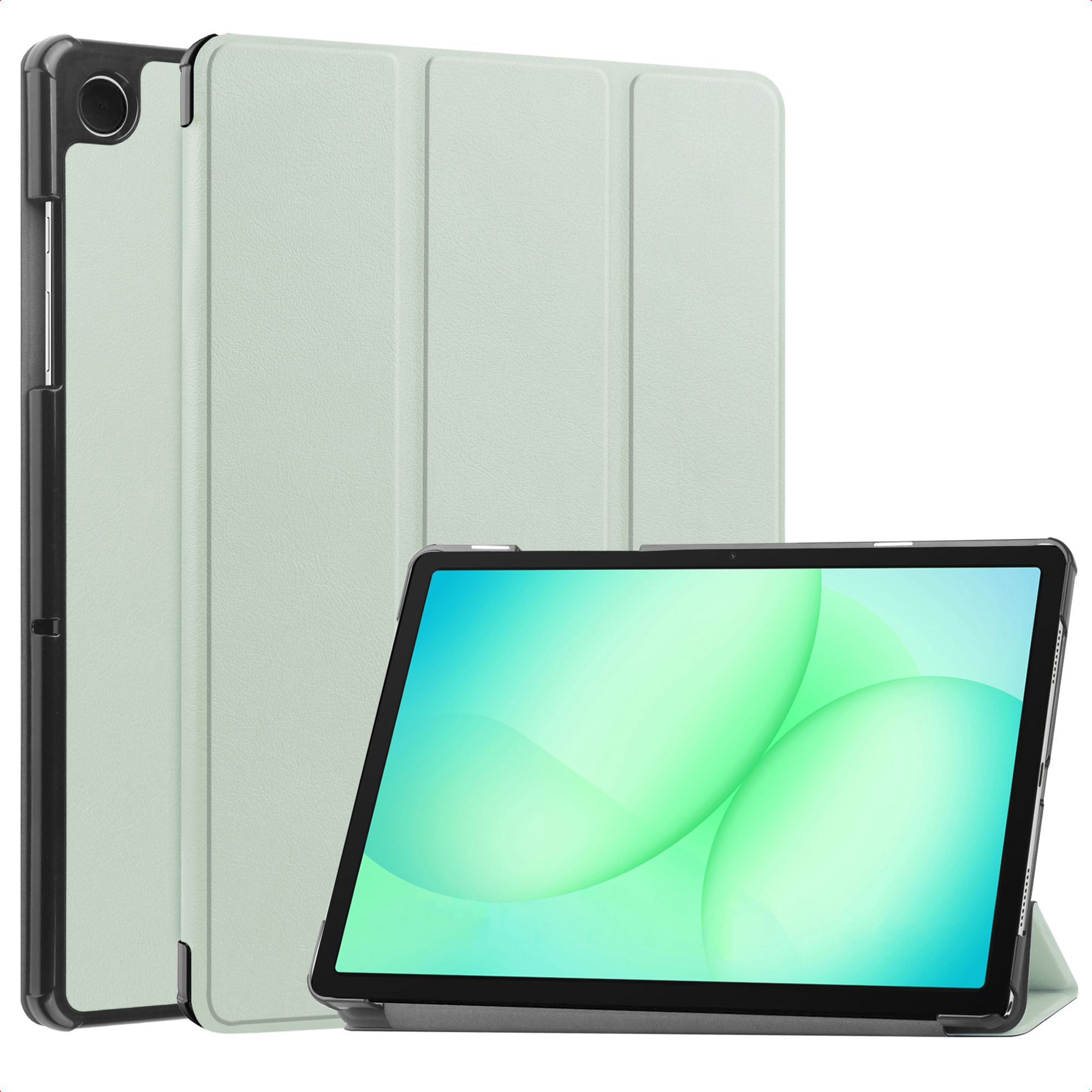 Une tablette dans un étui vert menthe est affichée ouverte. L'écran affiche des formes abstraites vertes.