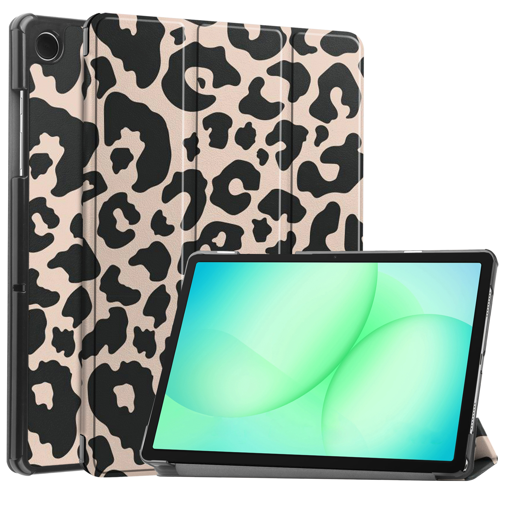 Tablette avec un étui à imprimé léopard et un écran affichant des dégradés verts et bleus. L'étui est ouvert.