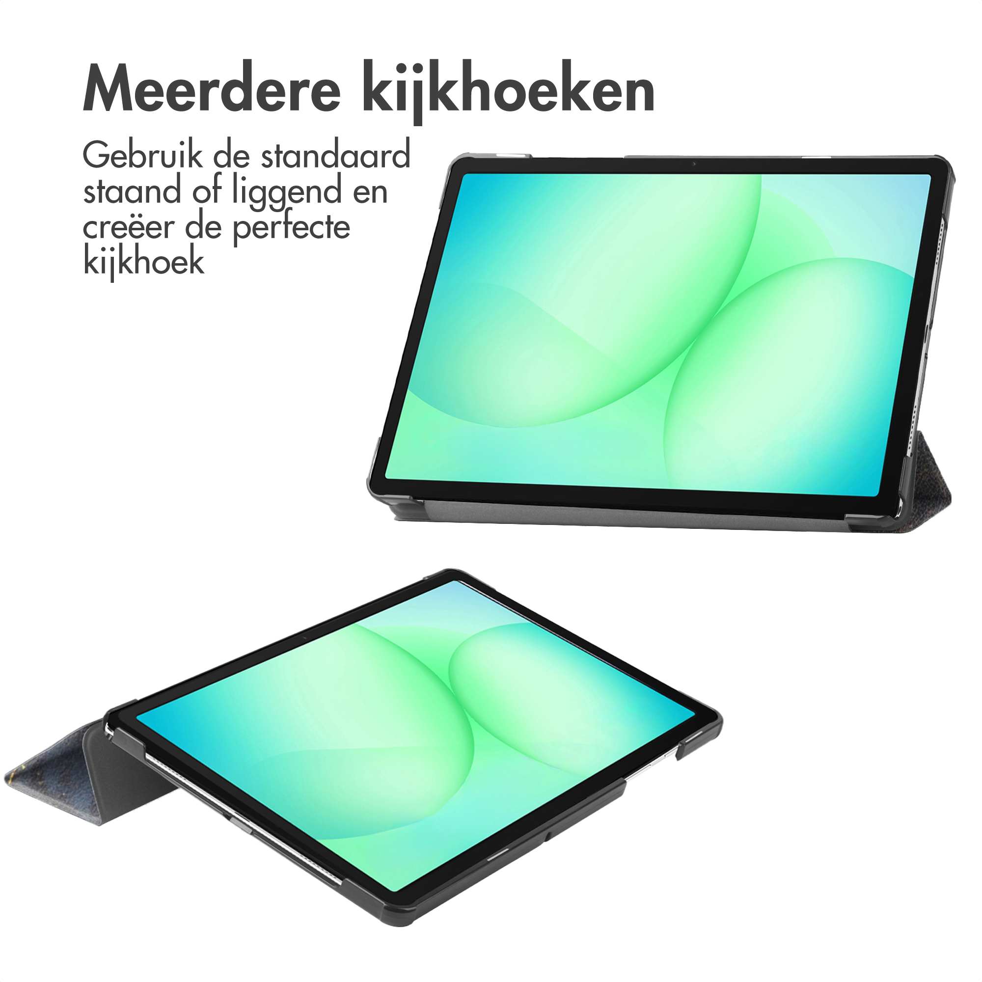 Deux tablettes avec écrans verts. L'une est debout, l'autre couchée, présentant différents angles de vue.