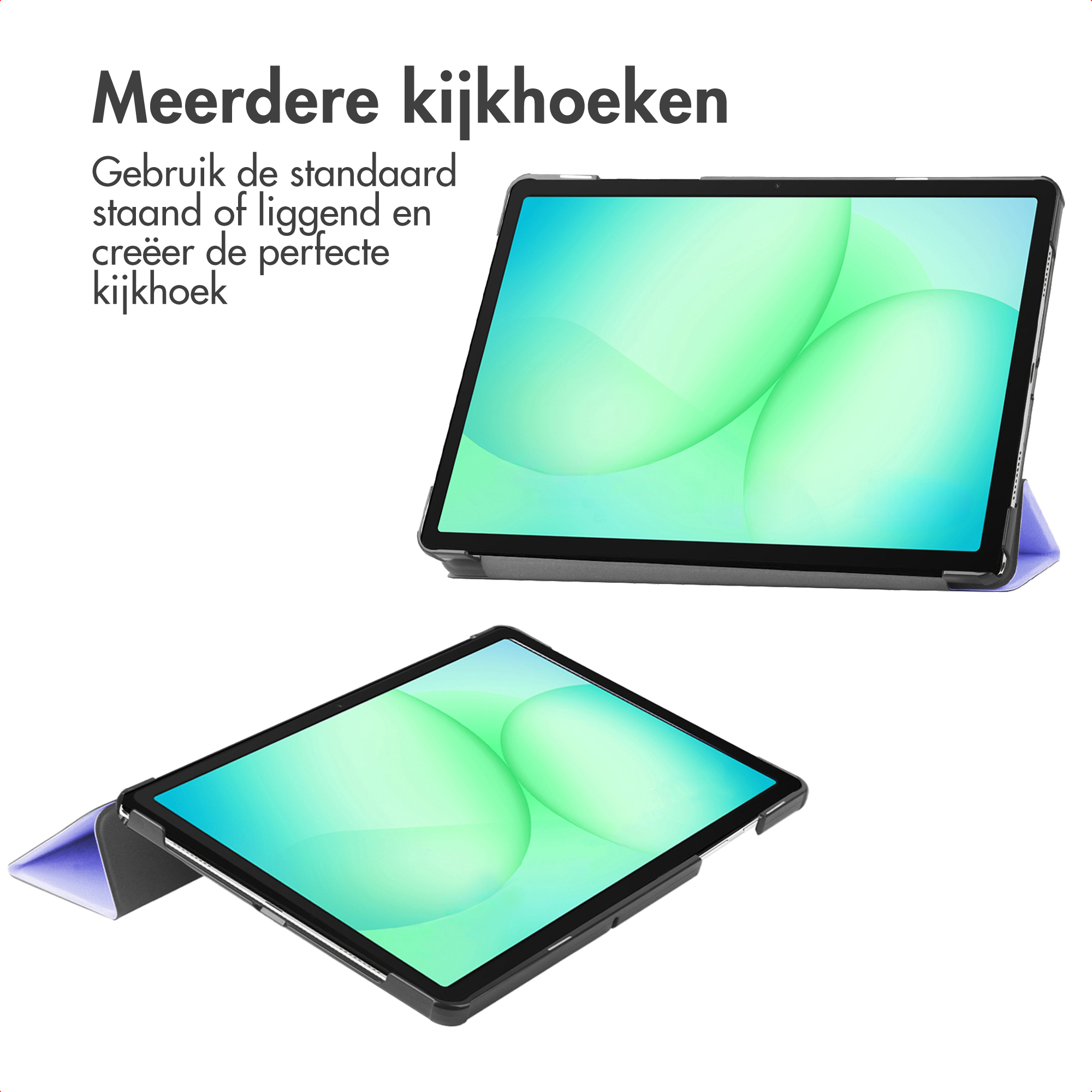 Deux tablettes affichées. Une verticale, l'autre en angle, toutes deux avec des écrans verts et bleus.