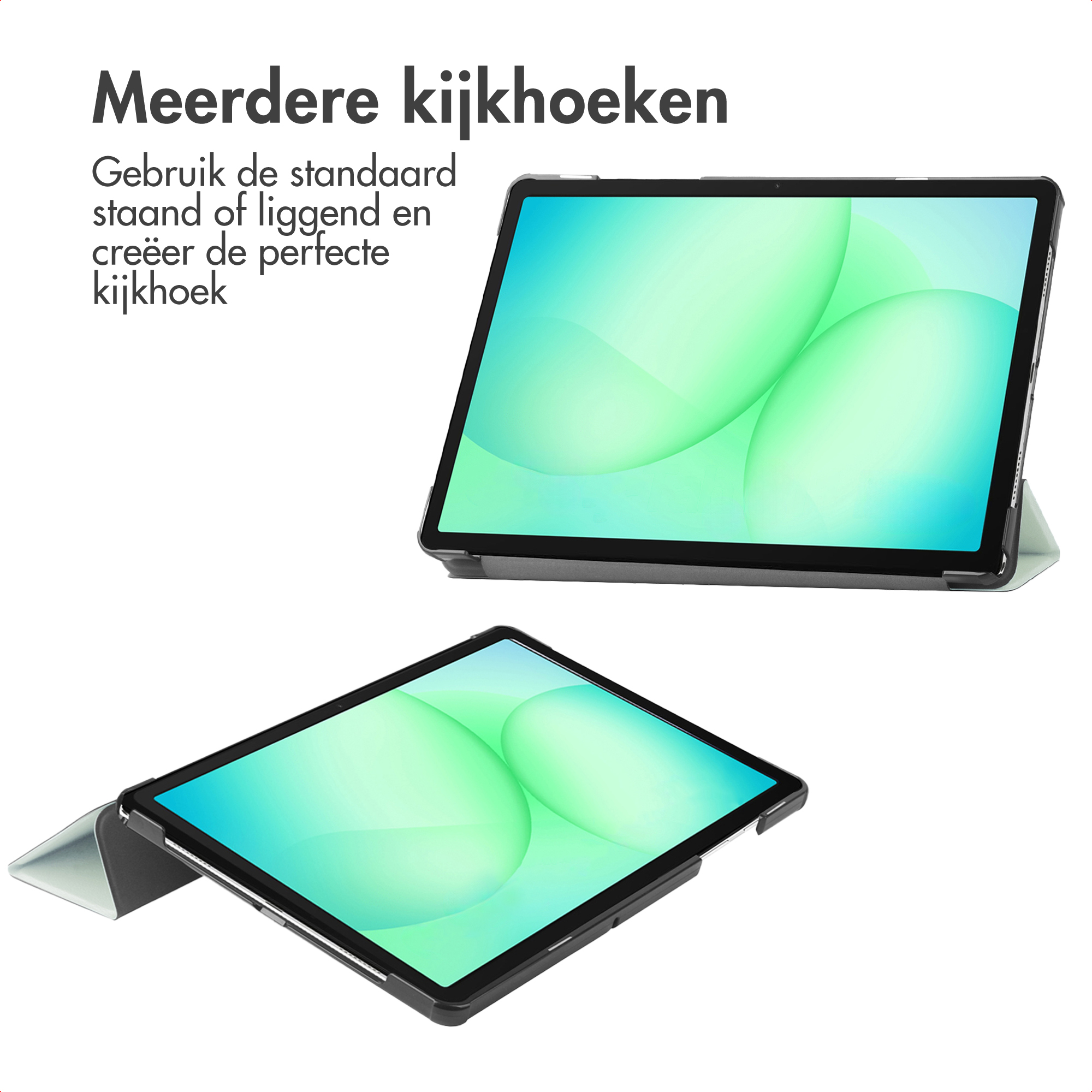 Deux tablettes sur fond blanc. Une ouverte, inclinée. L'écran affiche un design abstrait vert. Texte néerlandais en haut.