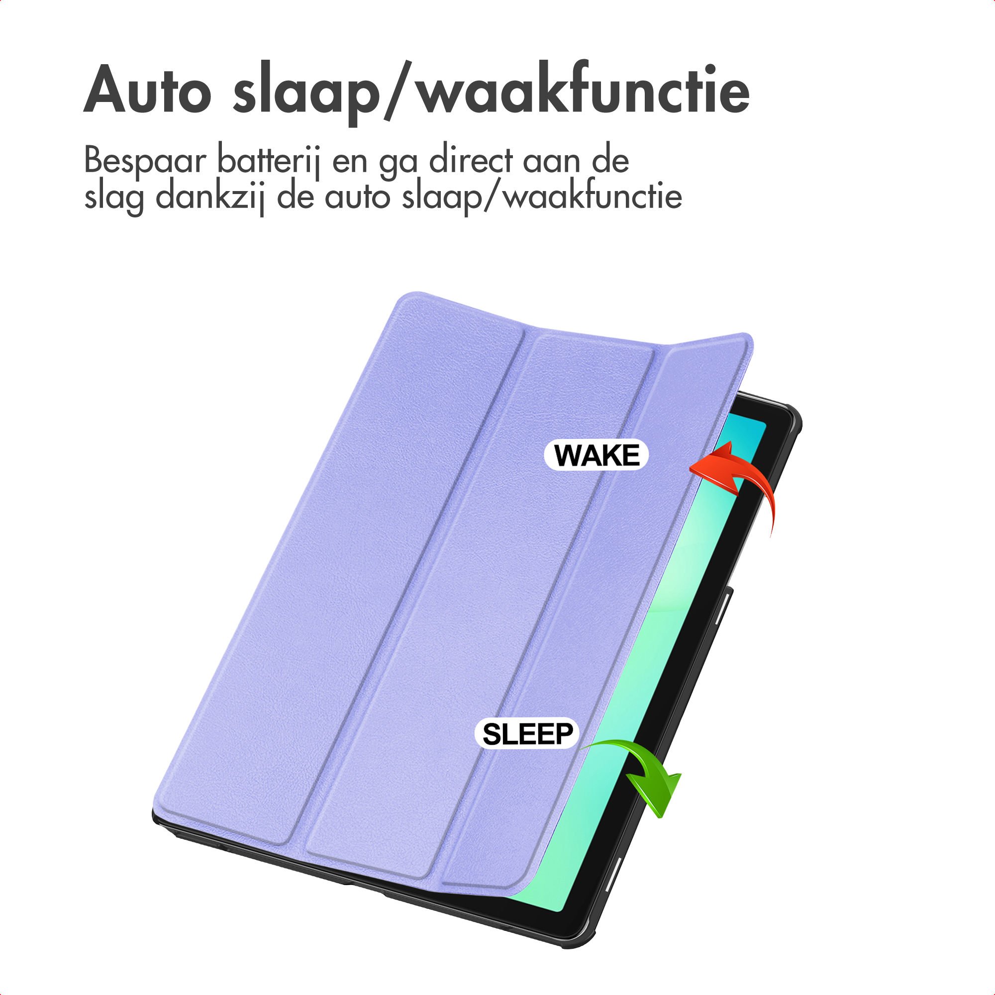 Une tablette dans un étui violet, avec les étiquettes 'WAKE' et 'SLEEP'. Les flèches indiquent l'activation de l'écran et le mode veille.