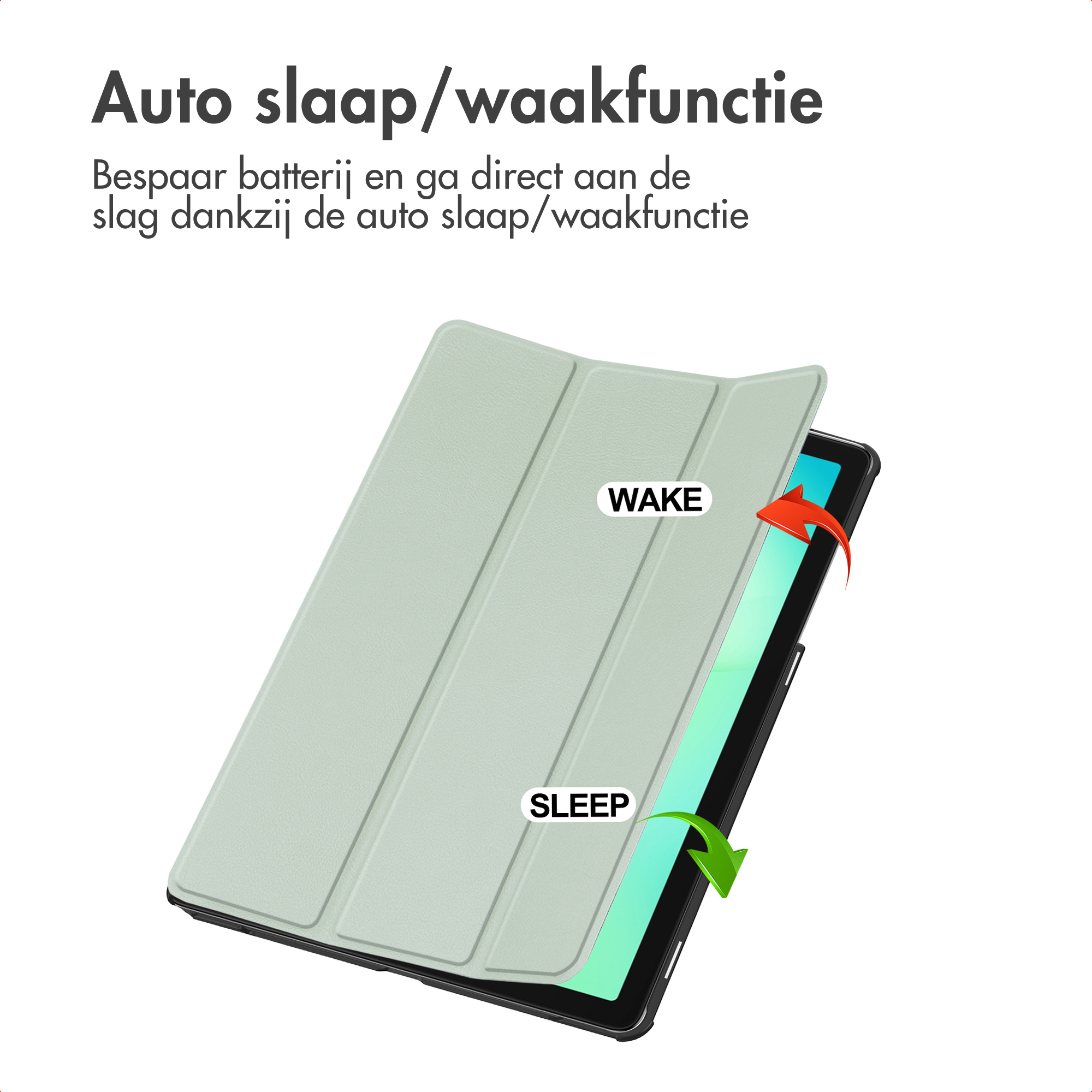 Une housse de tablette avec fonction veille/réveil. Housse verte partiellement ouverte, montrant l'écran avec des flèches.