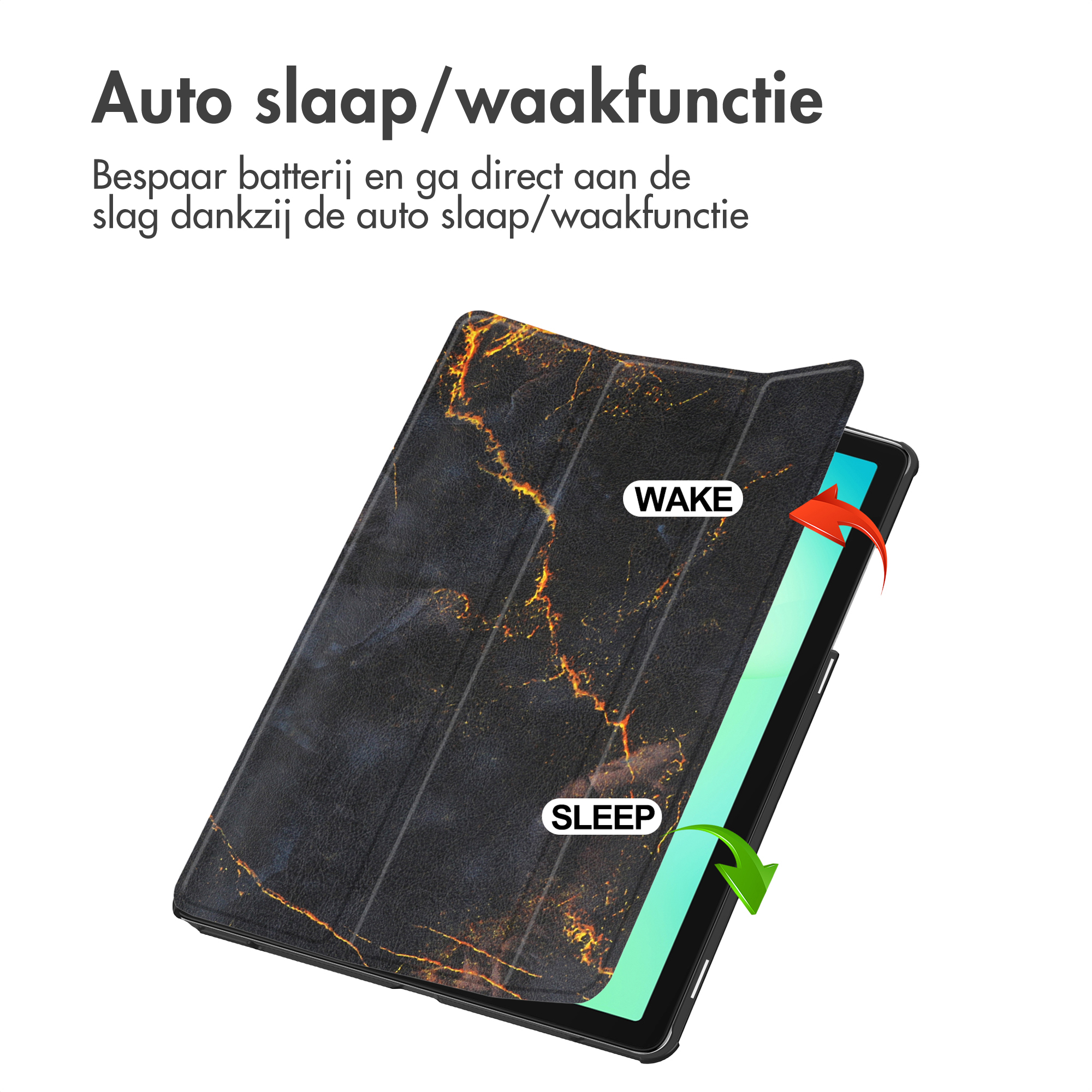 Étui pour tablette avec design en marbre noir et or. Il montre les fonctions 'WAKE' et 'SLEEP' avec des flèches.