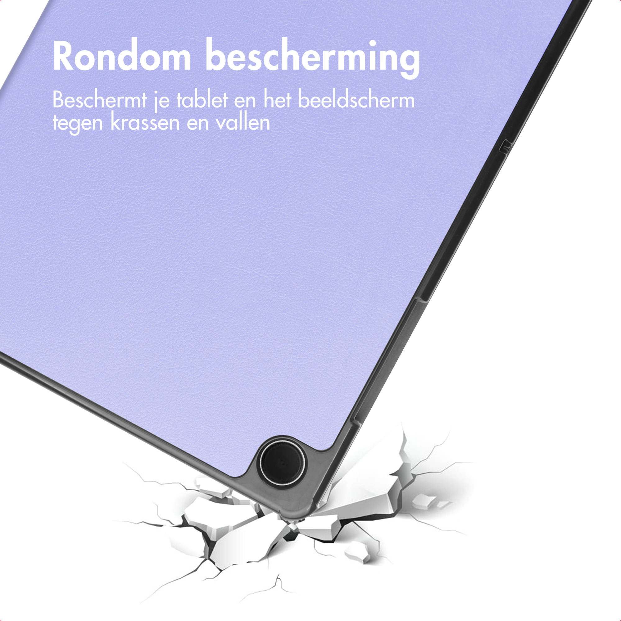 Tablette dans un étui, brisant une surface. Texte en néerlandais : protection intégrale. Protège votre tablette des rayures et des chutes.