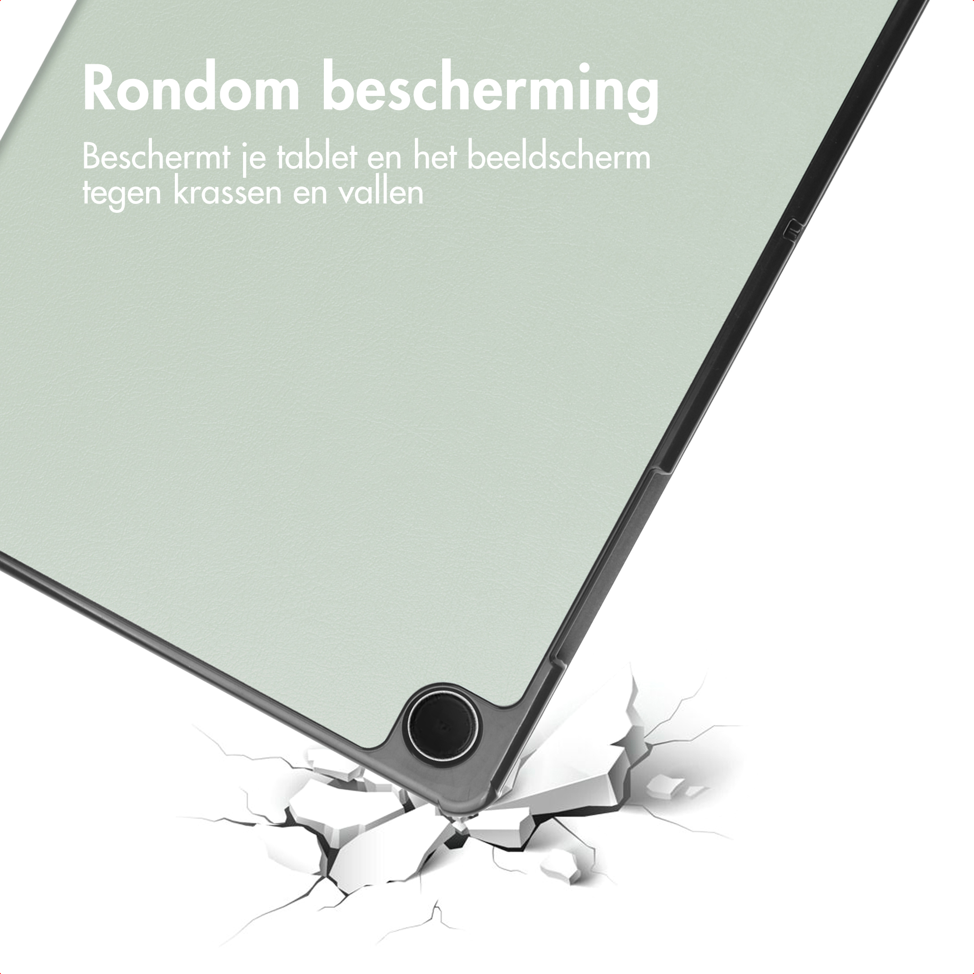Tablette avec protecteur d'écran. La tablette brise une surface, texte en haut : 'Rondom bescherming'.