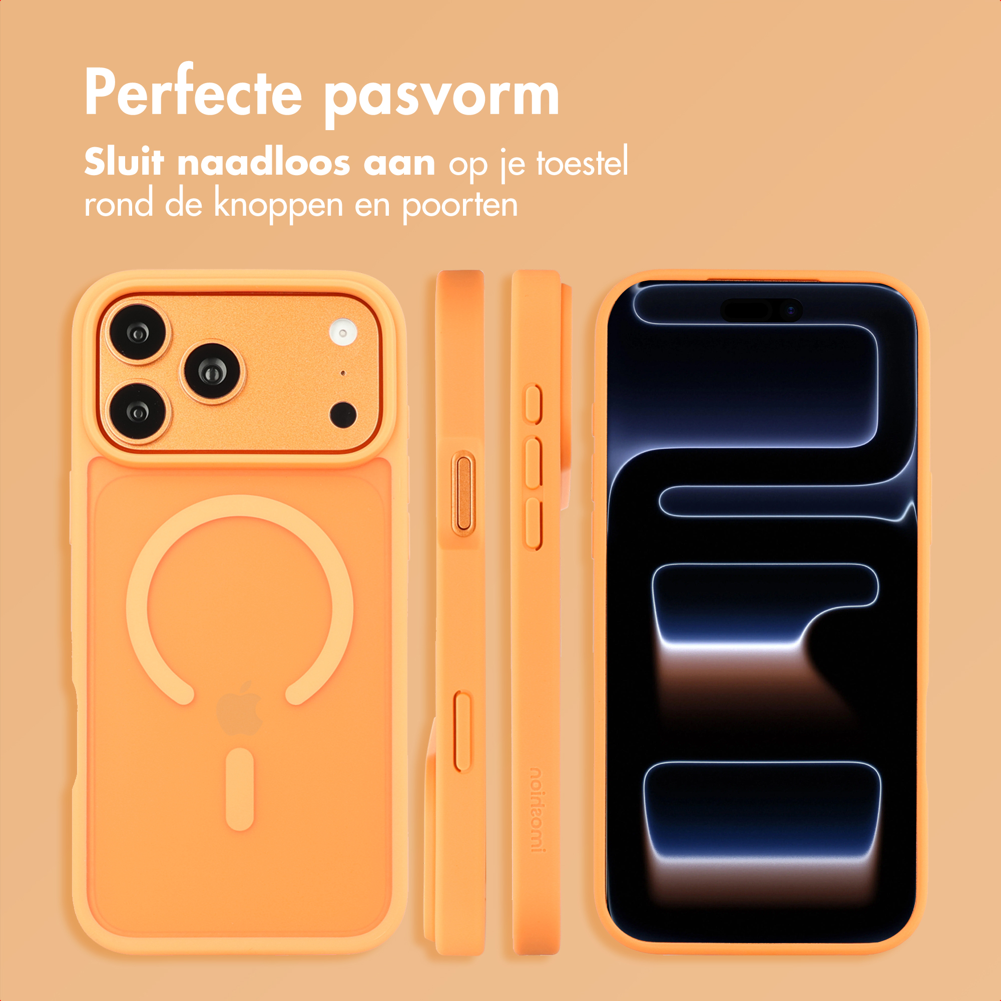 Oranje telefoonhoesje en telefoon op een lichtoranje achtergrond. De hoes heeft uitsparingen en staat naast de telefoon.