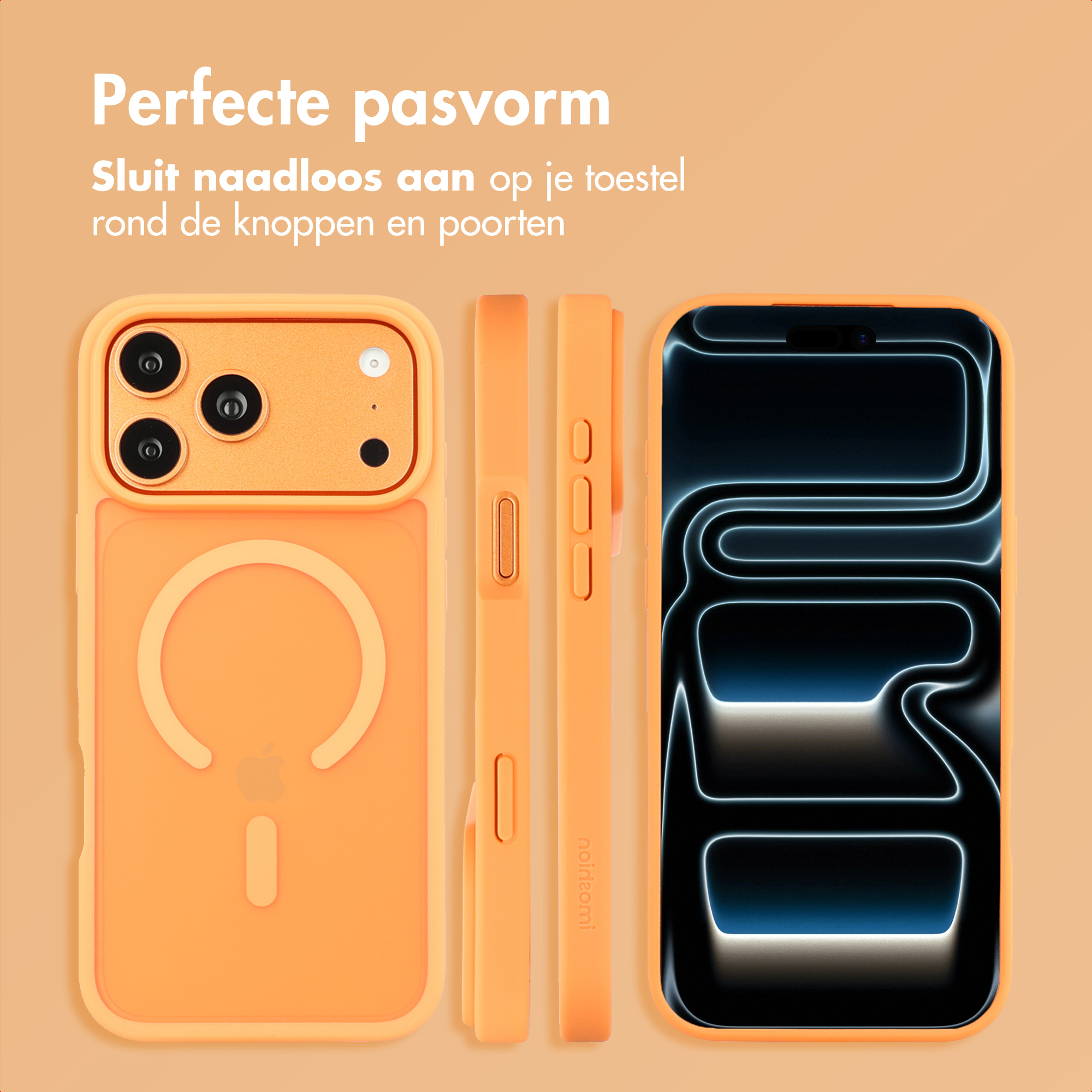 Oranje telefoonhoesje en telefoon op een lichtoranje achtergrond. De hoes wordt vanuit verschillende hoeken getoond.
