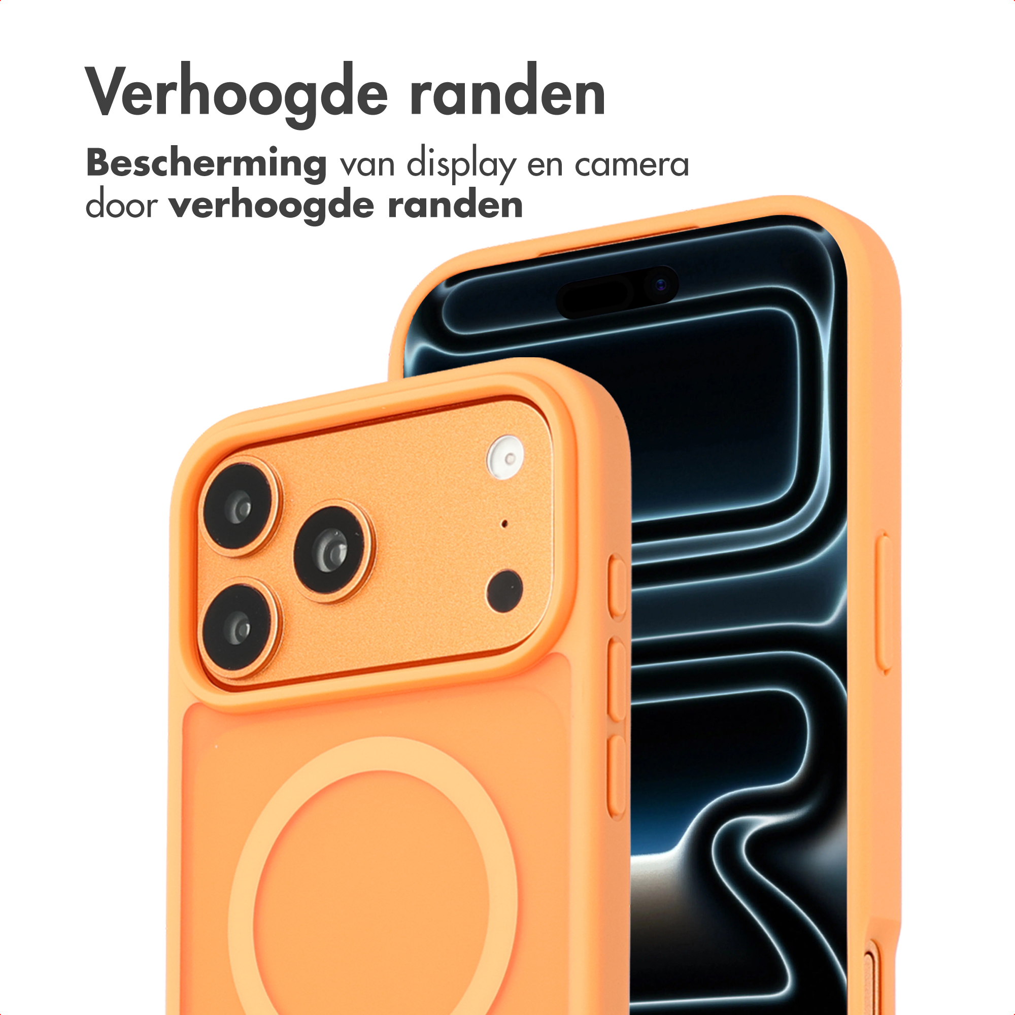 Oranje telefoonhoes beschermt een zwarte telefoon. Tekst: 'Verhoogde randen'. Bescherming van display en camera door verhoogde randen.