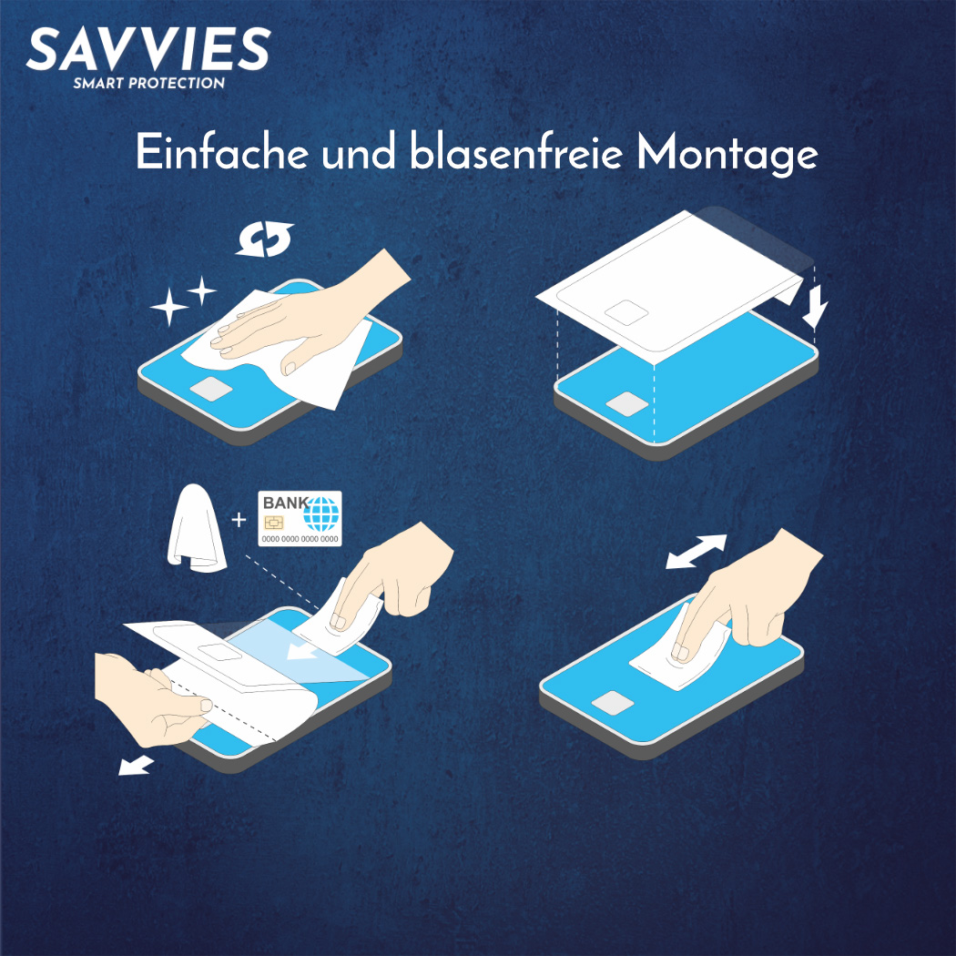 Anleitung zum Anbringen einer Displayschutzfolie: Reinigen, Aufbringen und Glätten mit einer Karte auf blauem Hintergrund.
