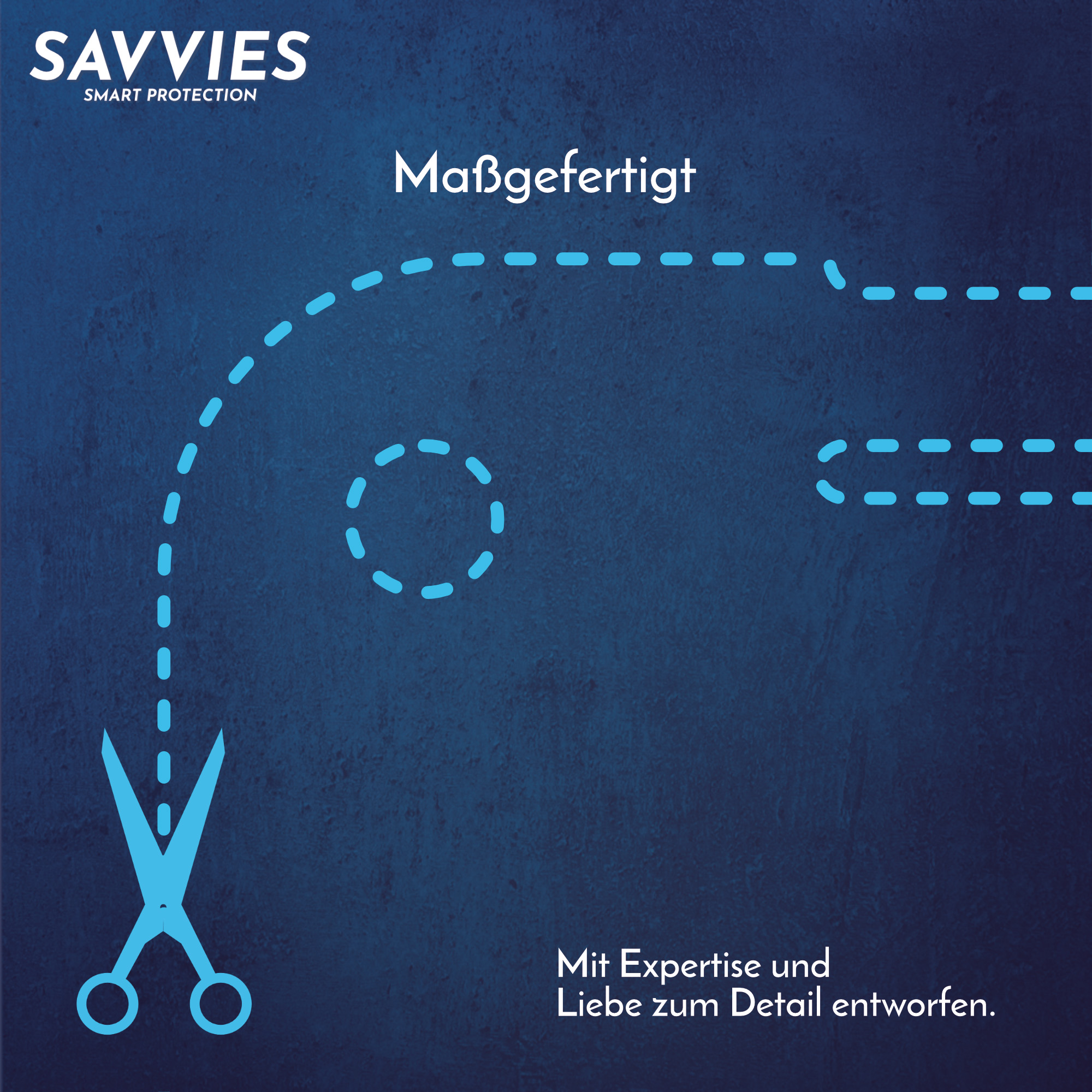 Blauer Hintergrund mit Schere, die eine gestrichelte Linie schneidet. Text: Maßgefertigt, Mit Expertise und Liebe zum Detail entworfen.