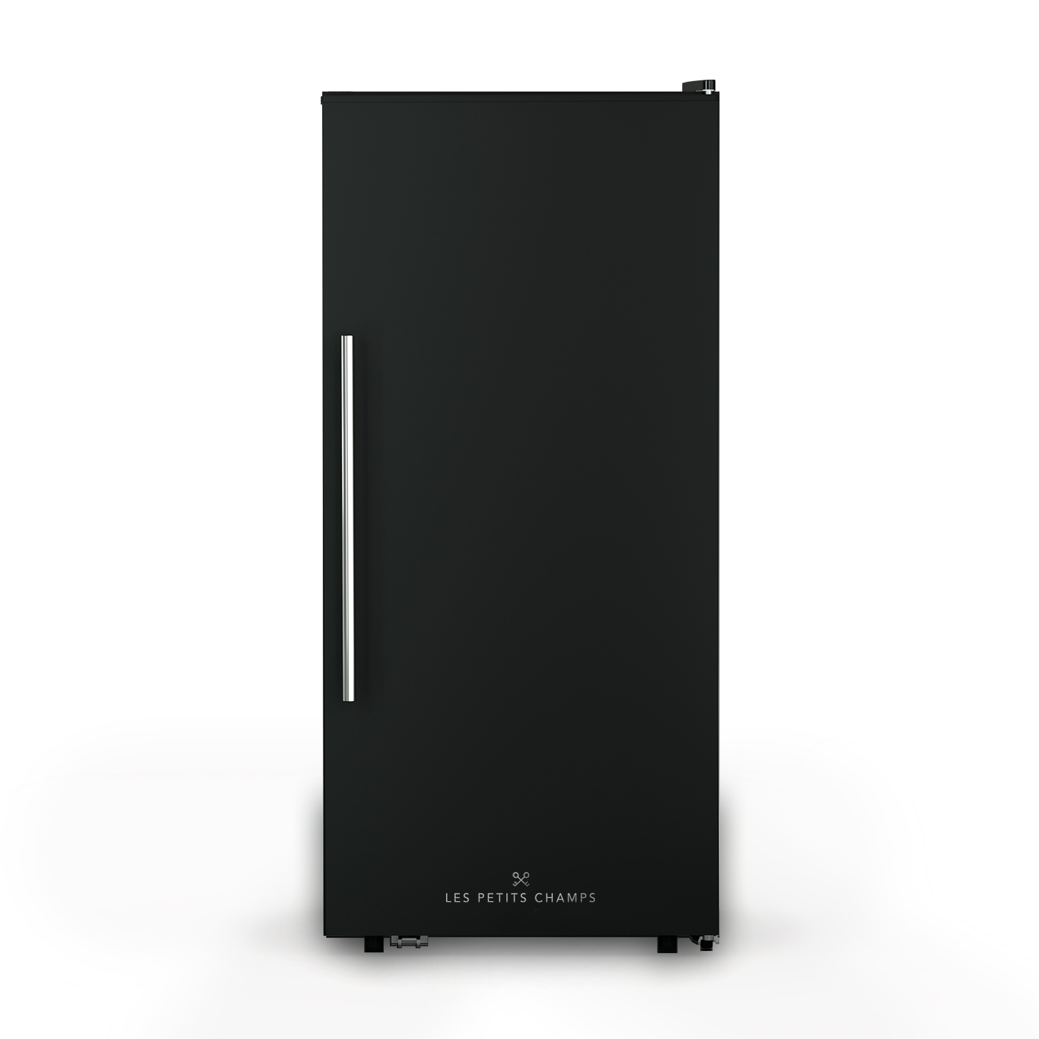Ein schwarzer Kühlschrank mit silbernem Griff. Der Markenname 'Les Petits Champs' steht unten.