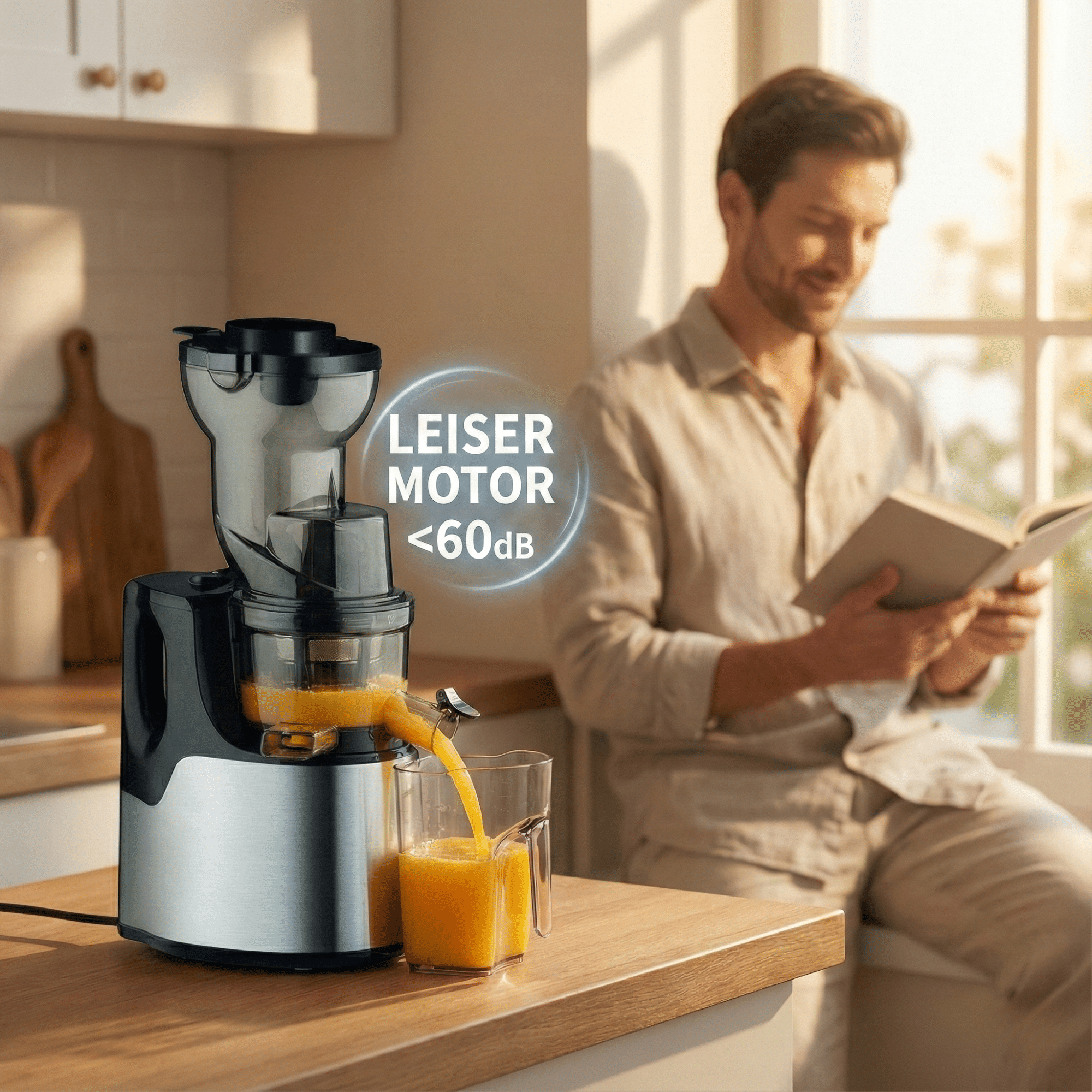 Entsafter gießt Saft in ein Glas. Mann liest Buch am Fenster. Küchenumgebung, hölzerne Arbeitsplatte.