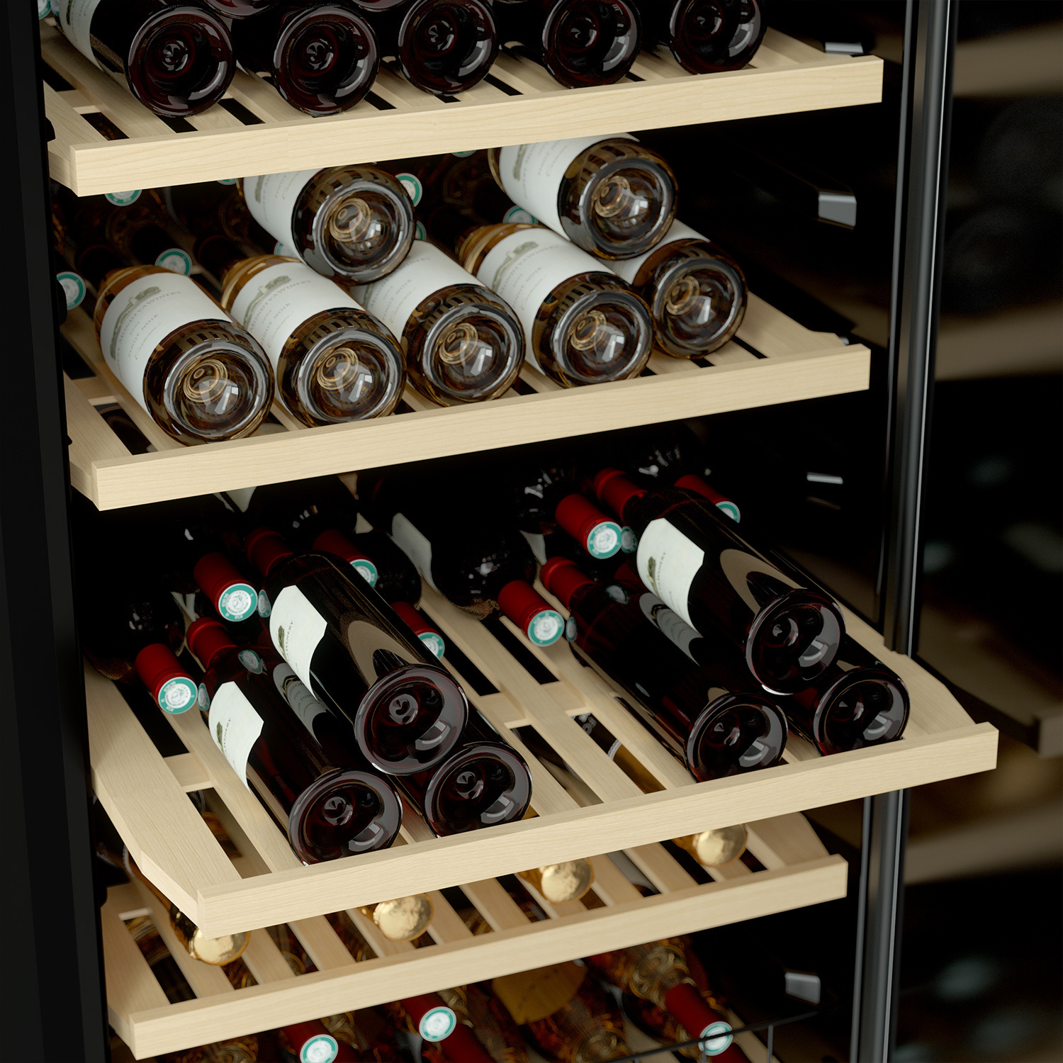 Ein Weinkühler voller verschiedener Weinflaschen. Die Flaschen stehen auf Holzregalen. Einige sind Rotwein, einige Weißwein und einige Sekt.