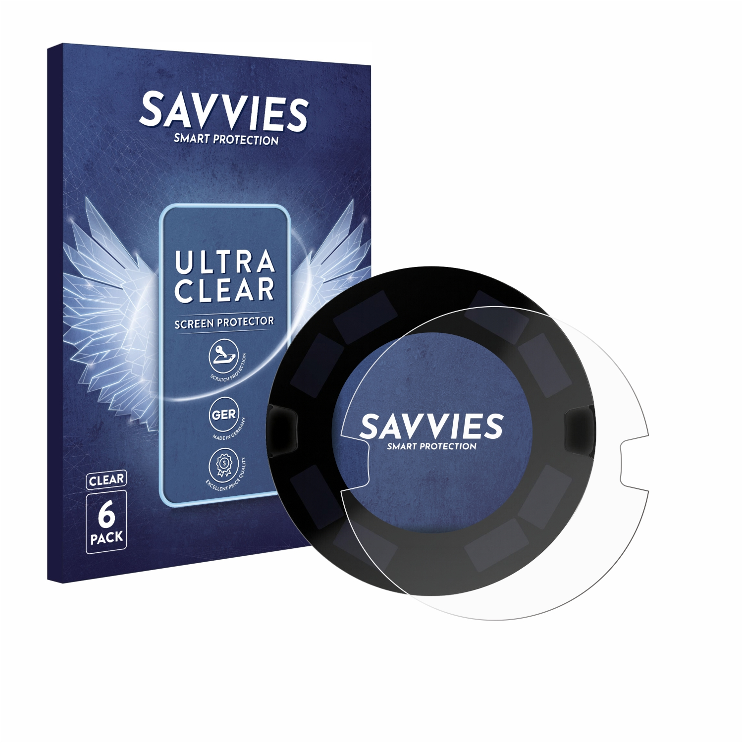 Eine Schachtel mit Savvies-Displayschutzfolien befindet sich neben einer Displayschutzfolie. Auf der Schachtel steht ultra clear Displayschutzfolie, klar und 6er-Pack.
